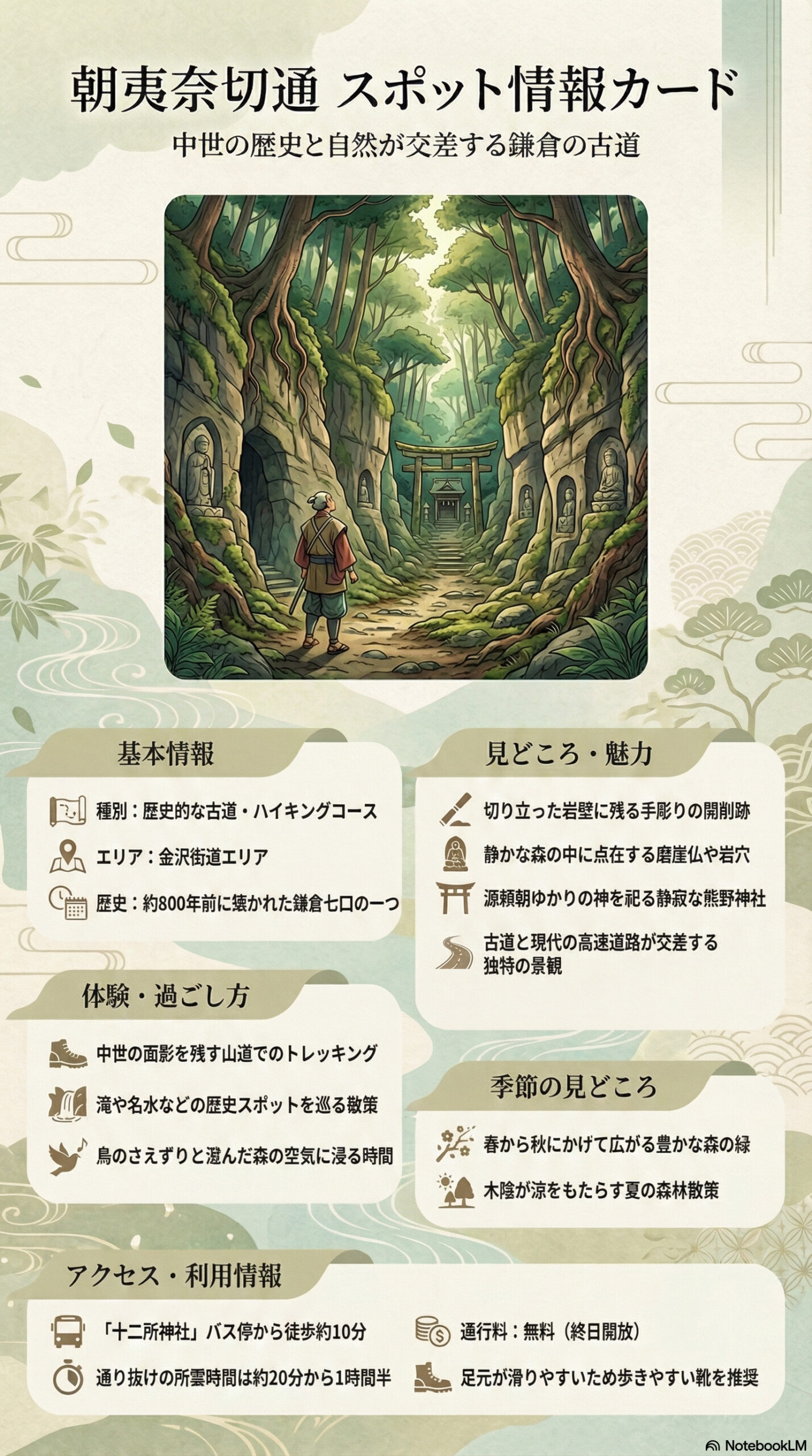 朝夷奈切通の観光情報インフォグラフィック | 鎌倉観光完全ガイド 朝夷奈切通の観光情報インフォグラフィック