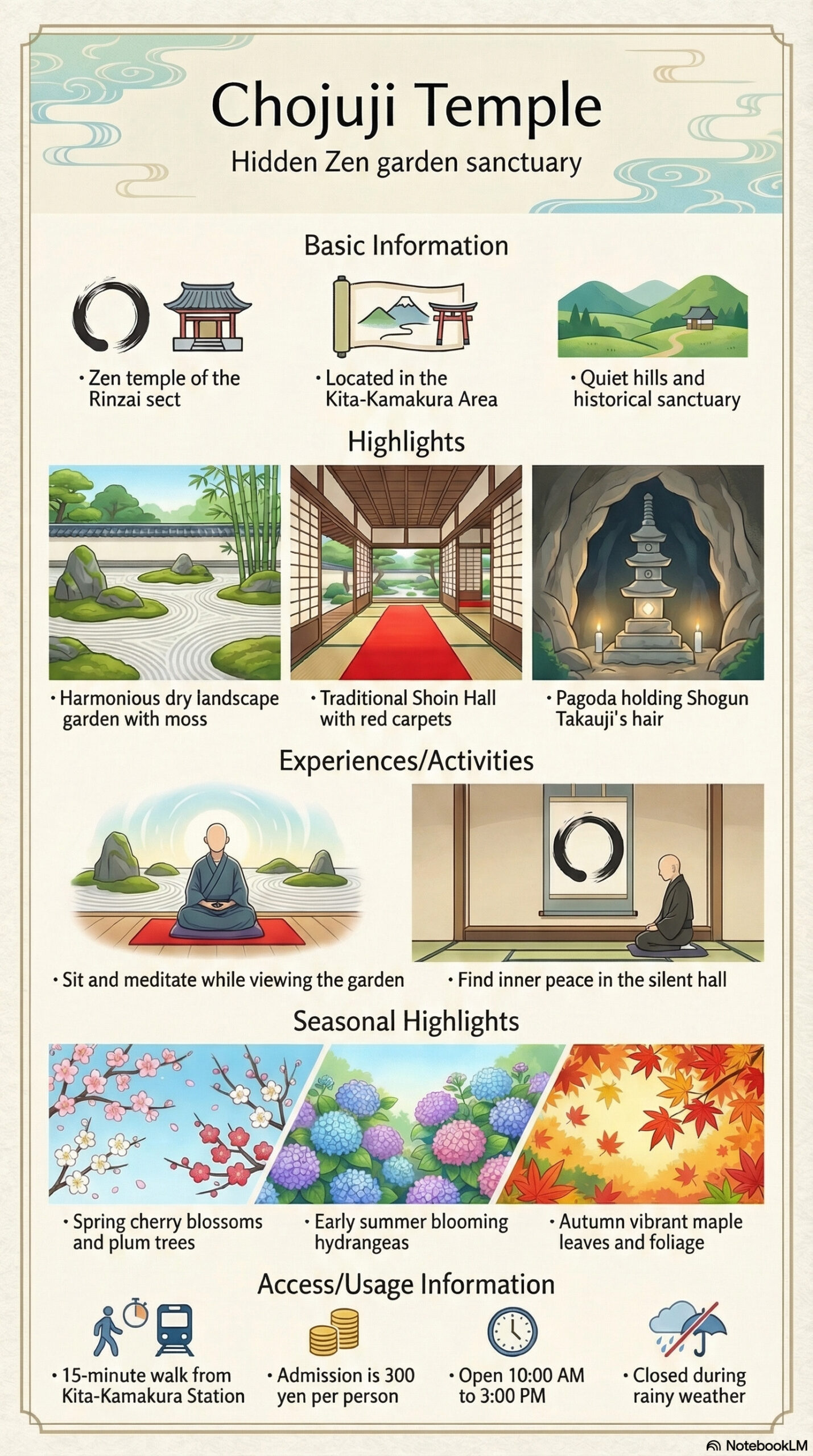 Choju-ji Temple travel information infographic | Kamakura Travel Complete Guide Choju-ji Temple travel information infographic
