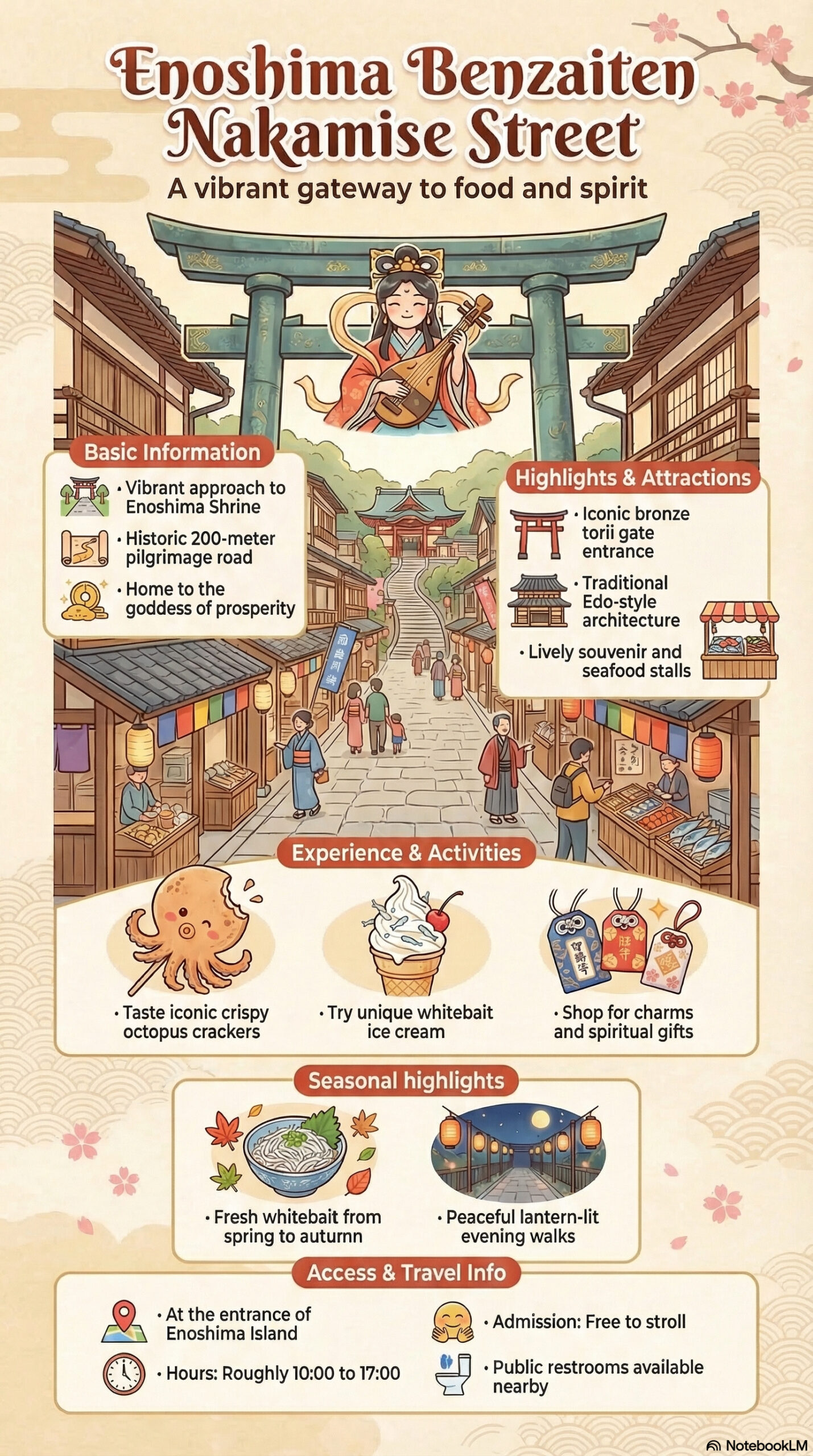 Enoshima Benzaiten Nakamise Street travel information infographic