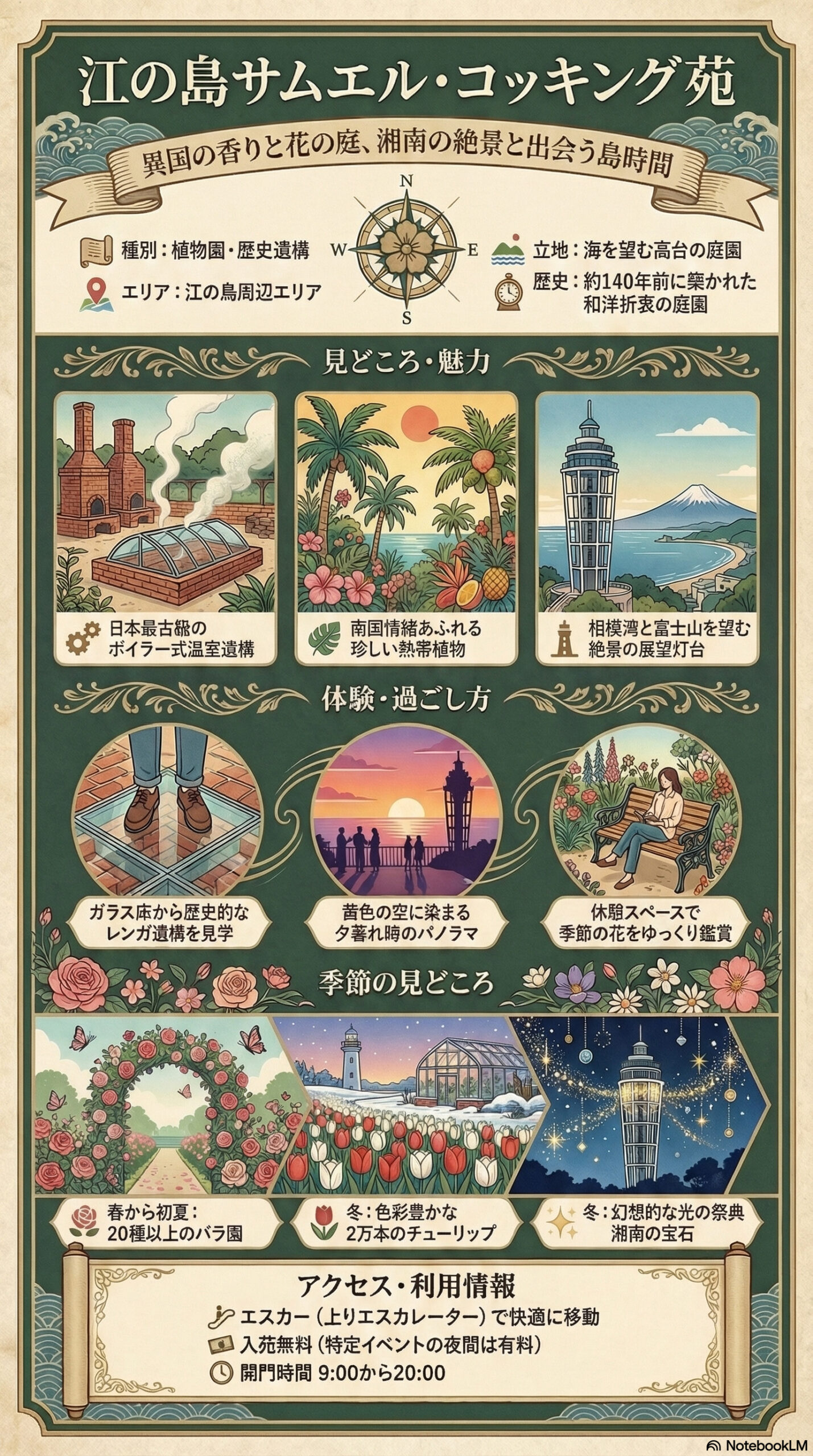 江の島サムエル・コッキング苑の観光情報インフォグラフィック | 鎌倉観光完全ガイド 江の島サムエル・コッキング苑の観光情報インフォグラフィック