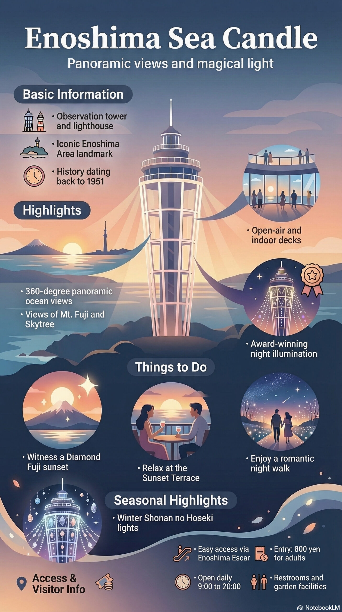 Enoshima Sea Candle travel information infographic | Kamakura Guide Enoshima Sea Candle travel information infographic