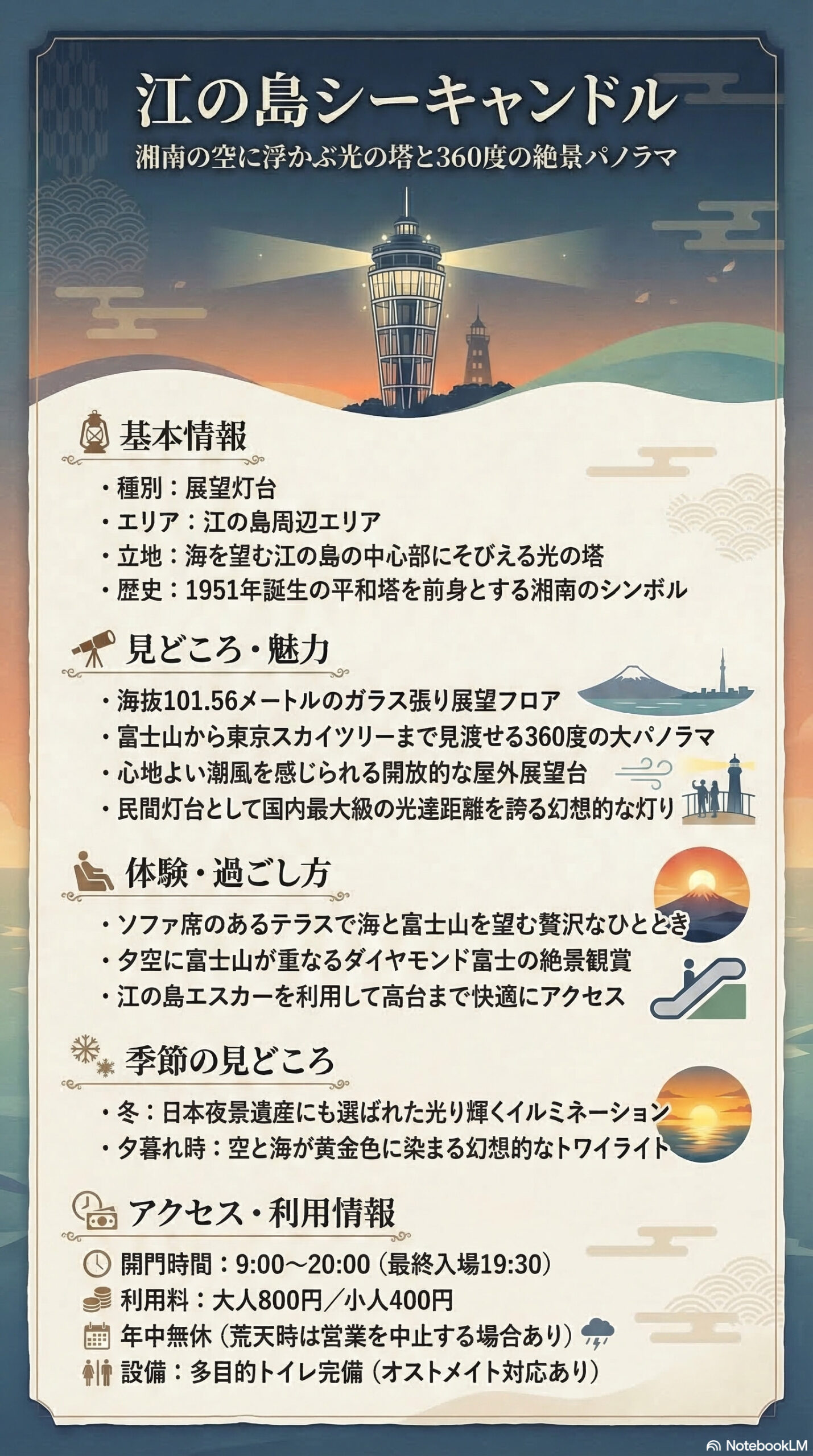 江の島シーキャンドルの観光情報インフォグラフィック