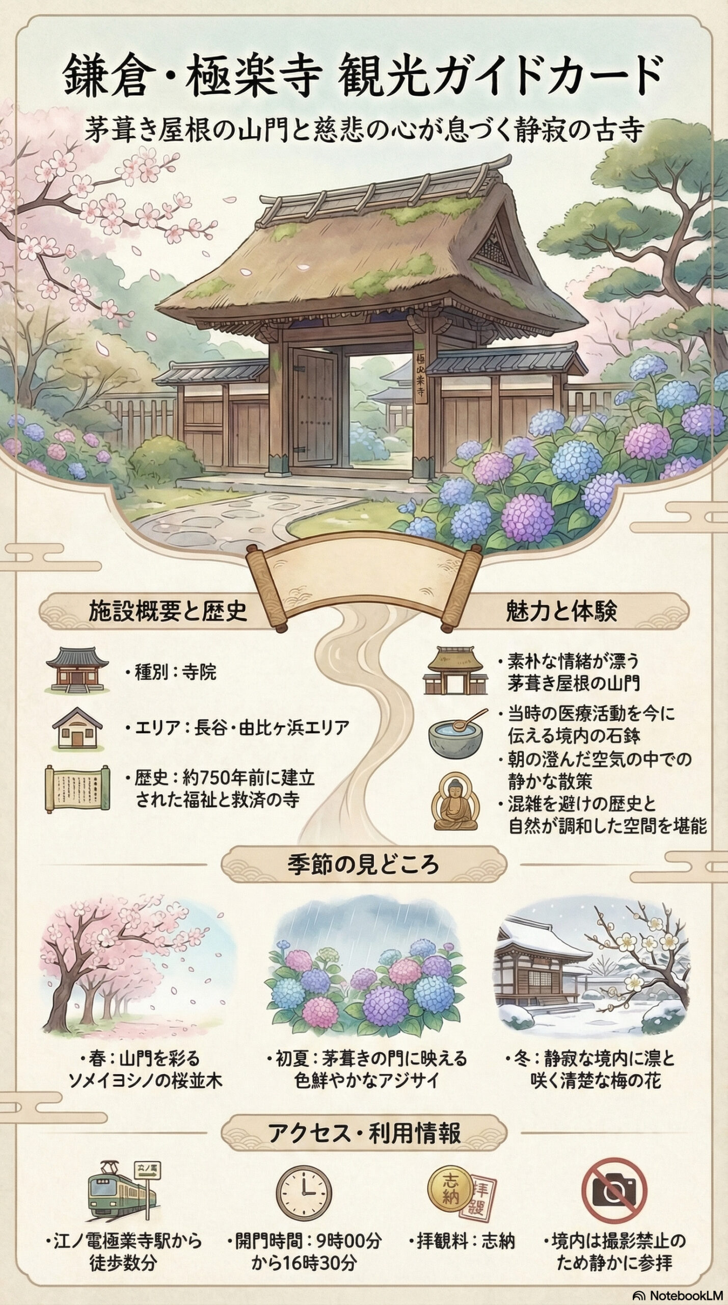 極楽寺の観光情報インフォグラフィック | 鎌倉観光完全ガイド 極楽寺の観光情報インフォグラフィック