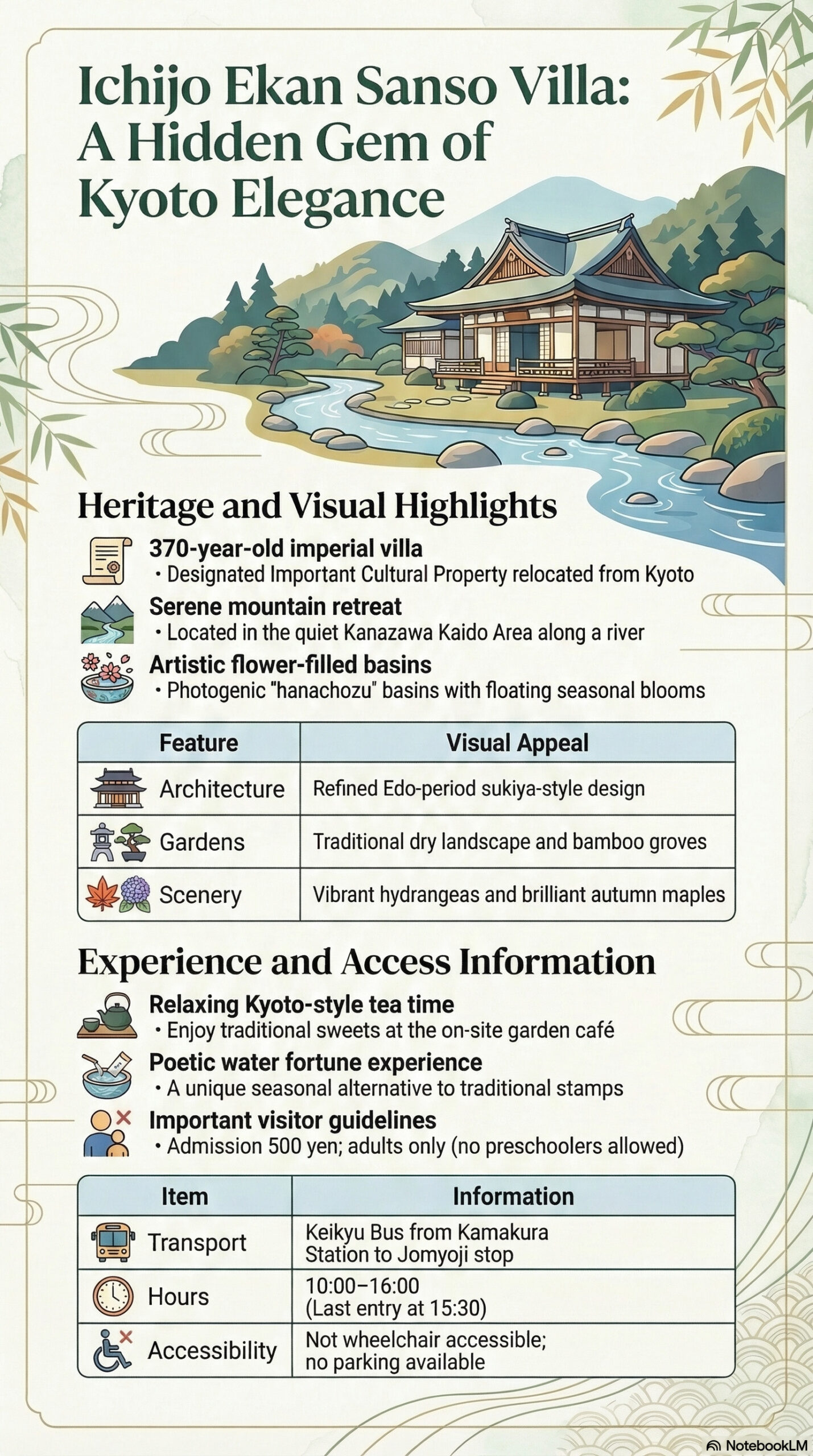 Ichijo Ekan Sanso travel information infographic | Kamakura Travel Complete Guide Ichijo Ekan Sanso travel information infographic