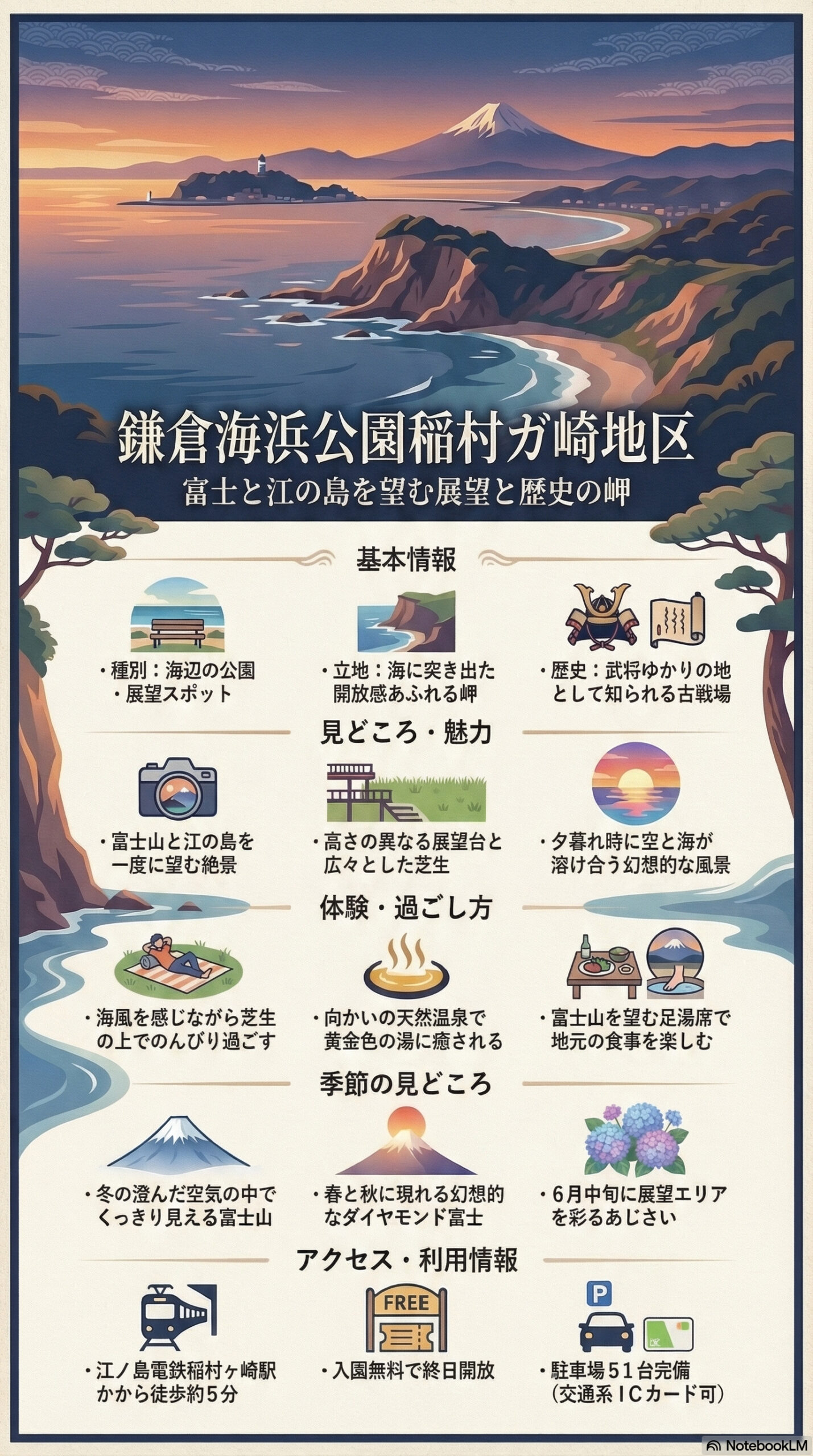 鎌倉海浜公園稲村ガ崎地区の観光情報インフォグラフィック | 鎌倉観光完全ガイド 鎌倉海浜公園稲村ガ崎地区の観光情報インフォグラフィック