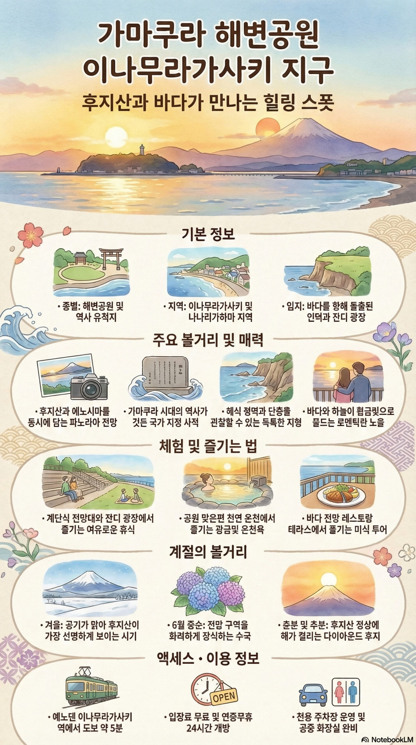 가마쿠라 해변공원 이나무라가사키 지구 관광 정보 인포그래픽