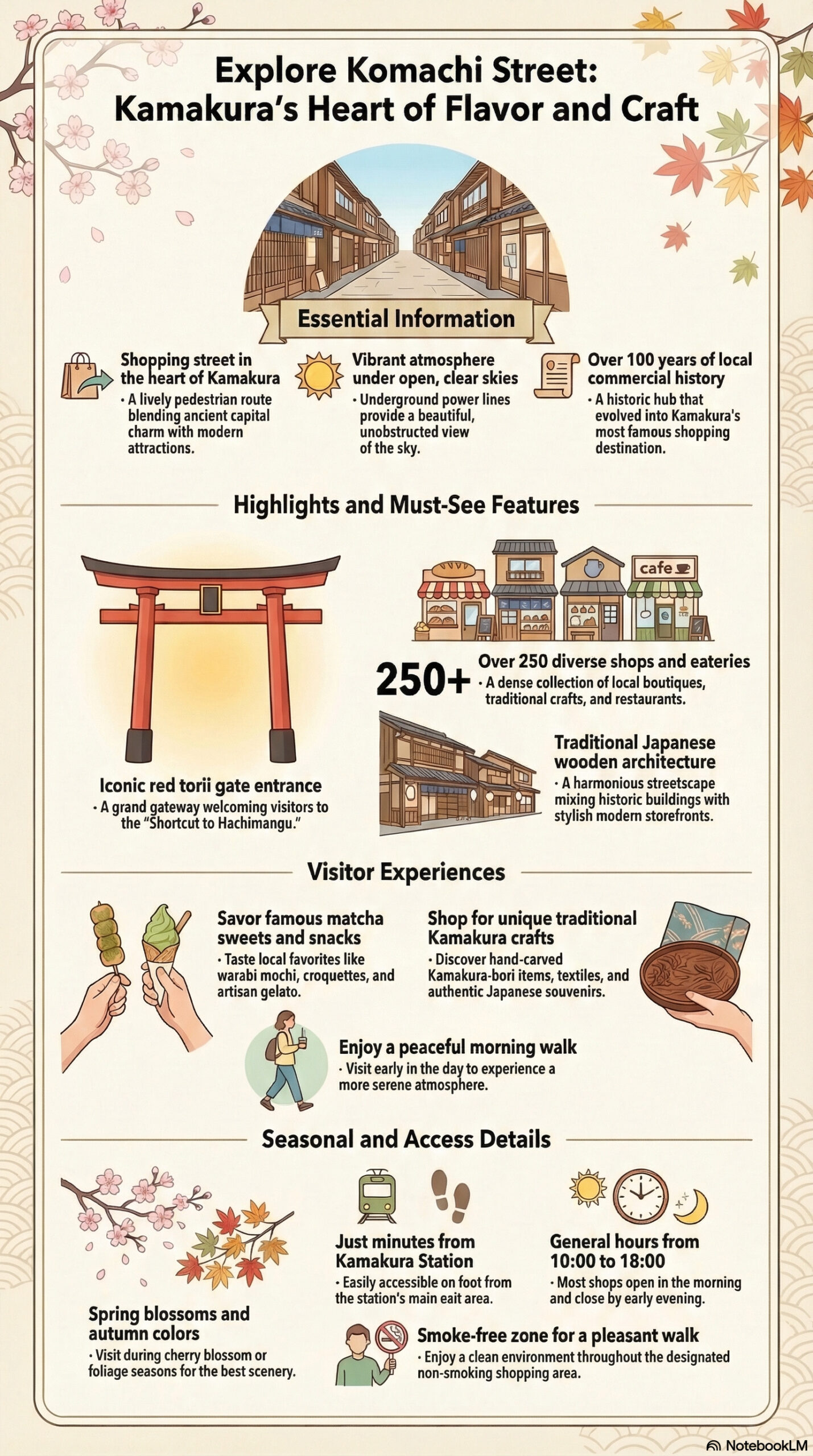 Komachi Dori Street travel information infographic | Kamakura Guide Komachi Dori Street travel information infographic
