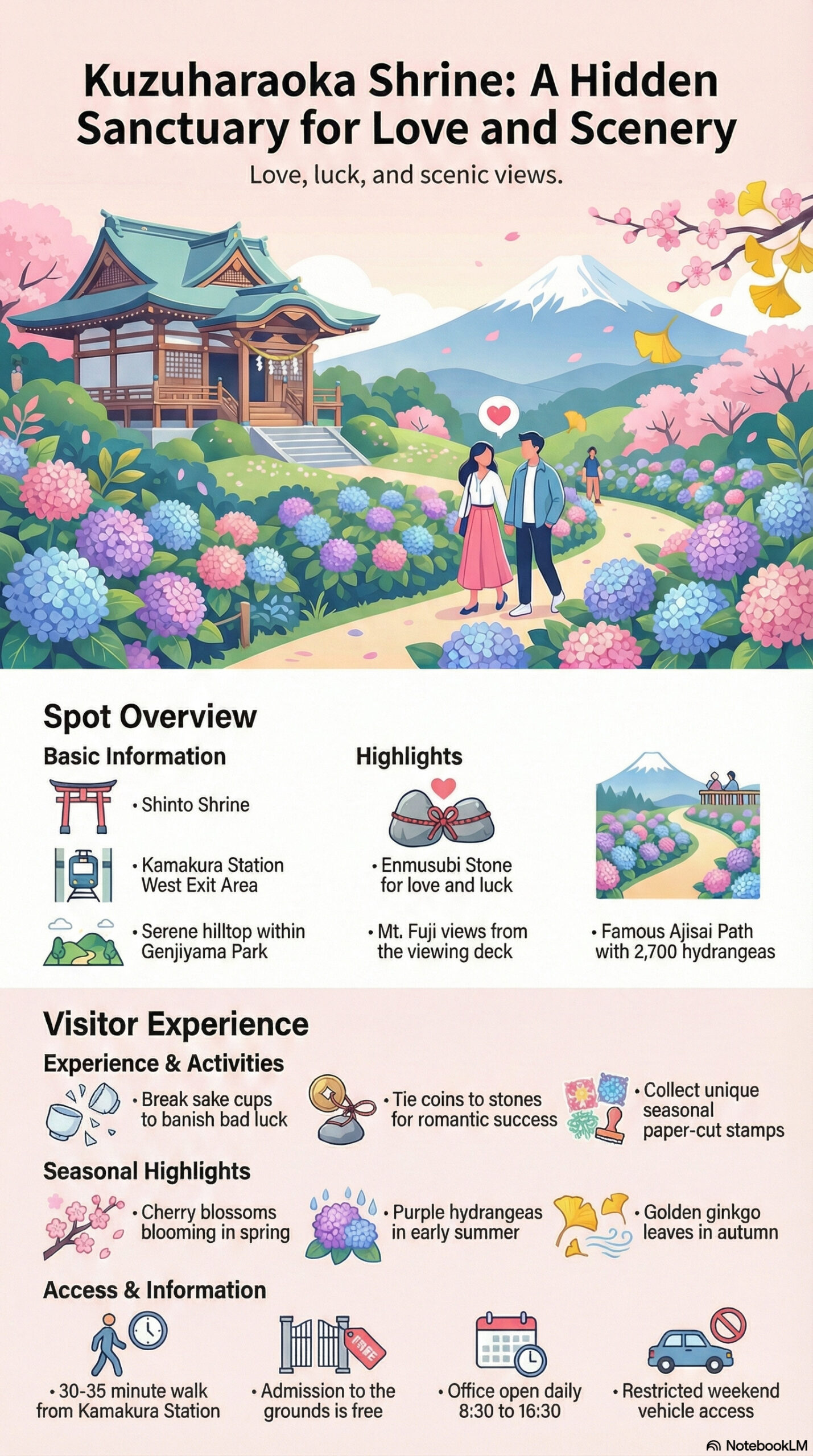 Kuzuharaoka Shrine travel information infographic | Kamakura Guide Kuzuharaoka Shrine travel information infographic