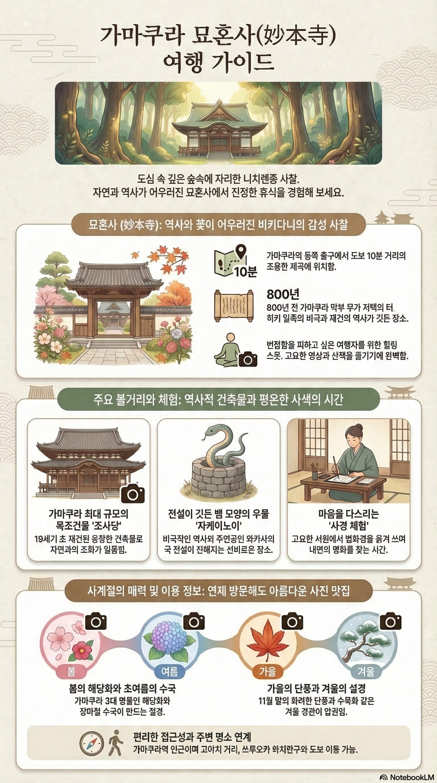 묘혼지 관광 정보 인포그래픽 | 가마쿠라 관광 완전 가이드 묘혼지 관광 정보 인포그래픽