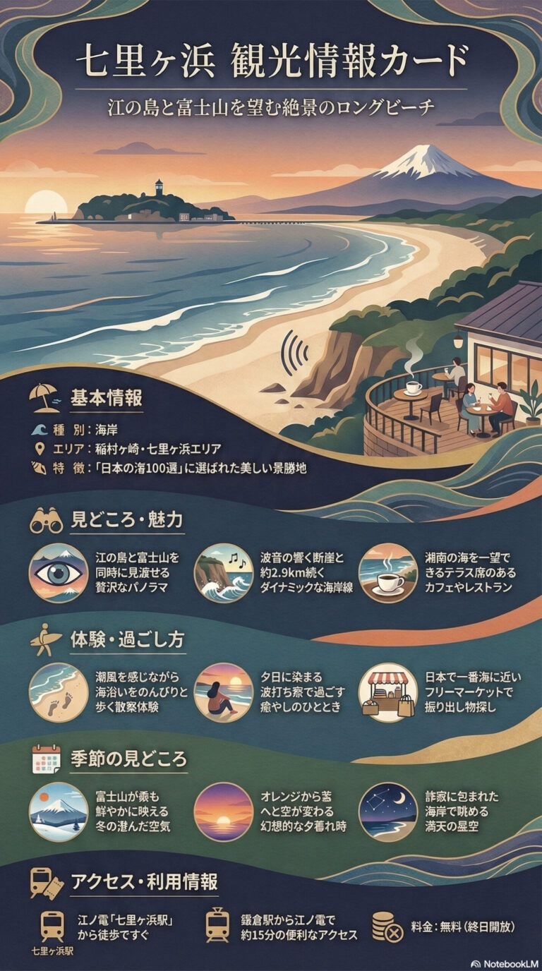 七里ヶ浜海岸(鎌倉)|日本の渚100選・富士山と江ノ島を望むサーフビーチ