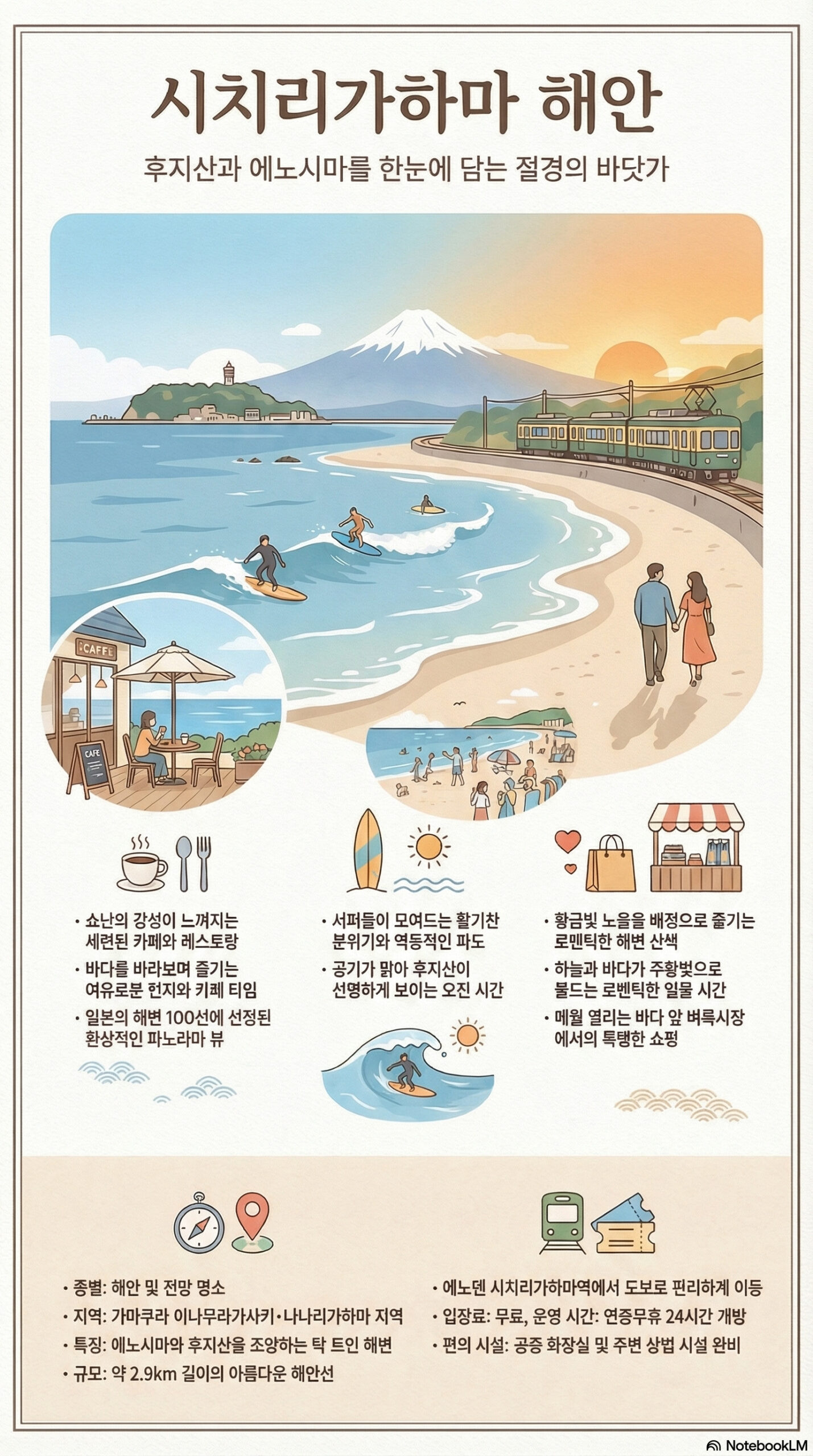 시치리가하마 해변 관광 정보 인포그래픽 | 가마쿠라 관광 완전 가이드 시치리가하마 해변 관광 정보 인포그래픽