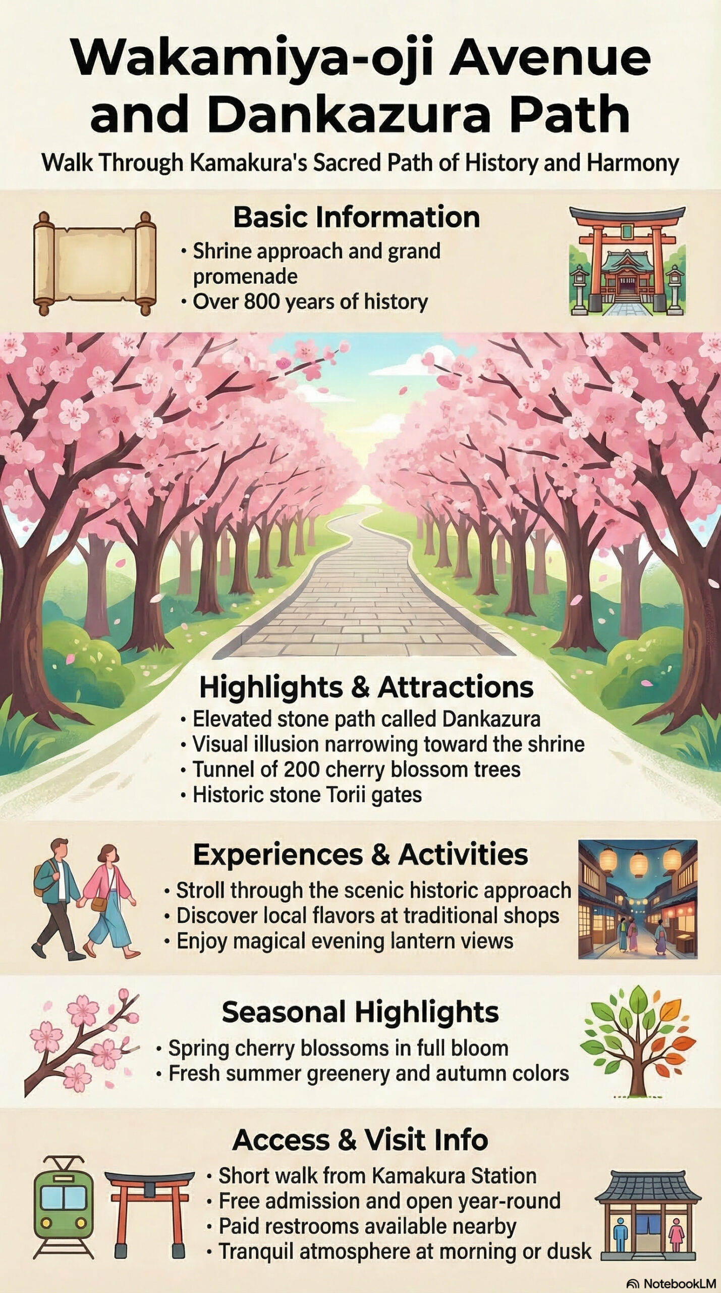 Wakamiya Oji and Dankazura travel information infographic | Kamakura Guide Wakamiya Oji and Dankazura travel information infographic