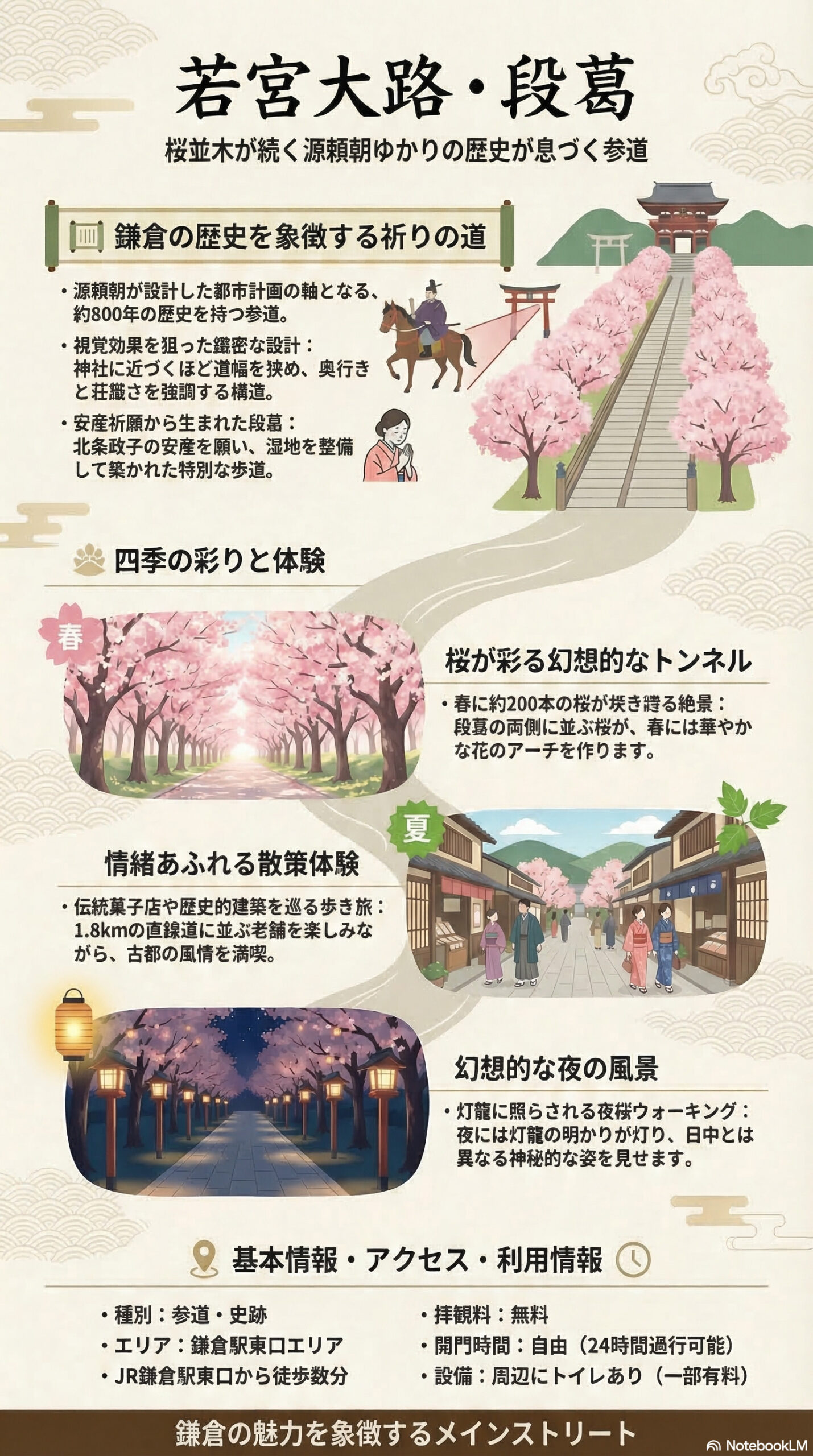 若宮大路と段葛の観光情報インフォグラフィック