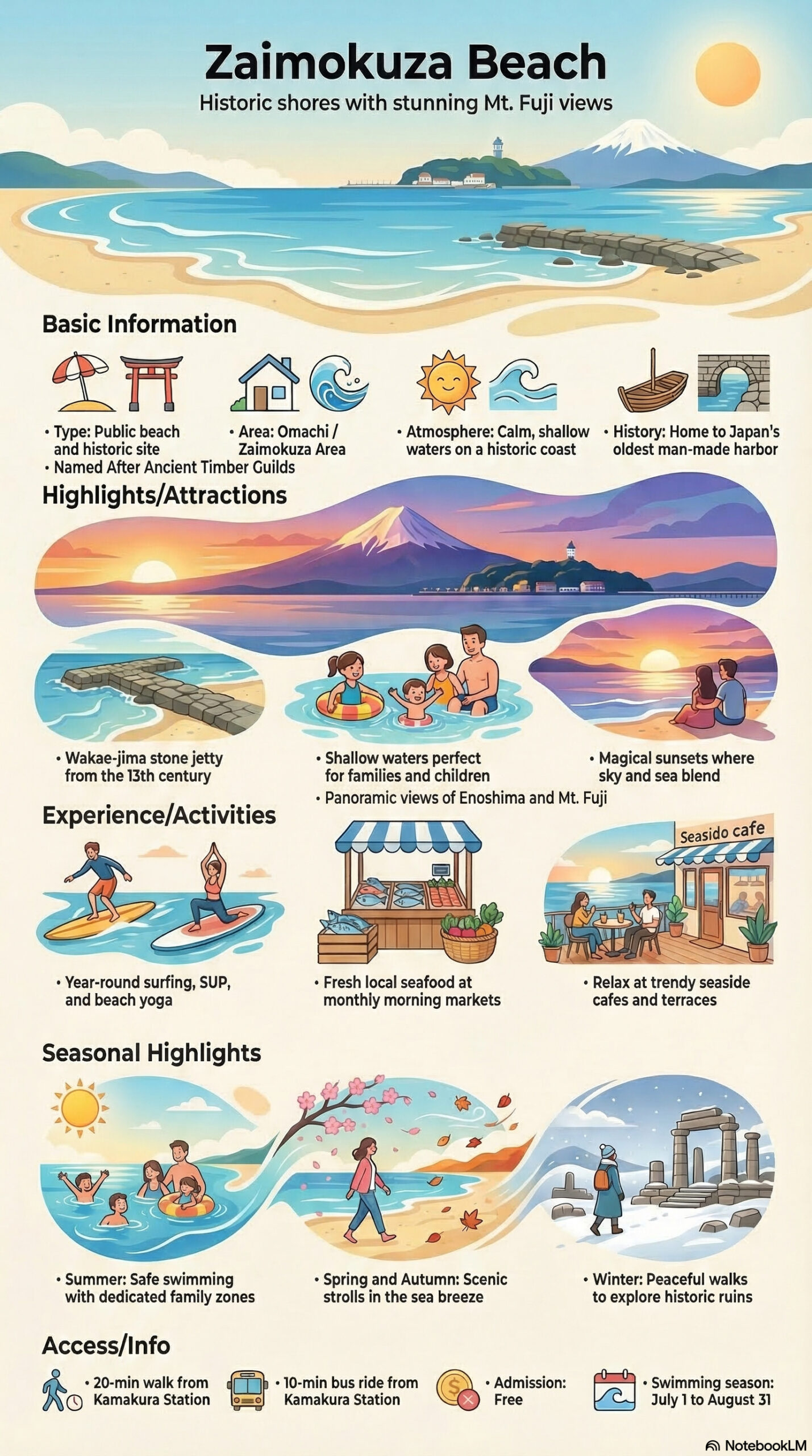 Zaimokuza Beach travel information infographic | Kamakura Travel Complete Guide Zaimokuza Beach travel information infographic