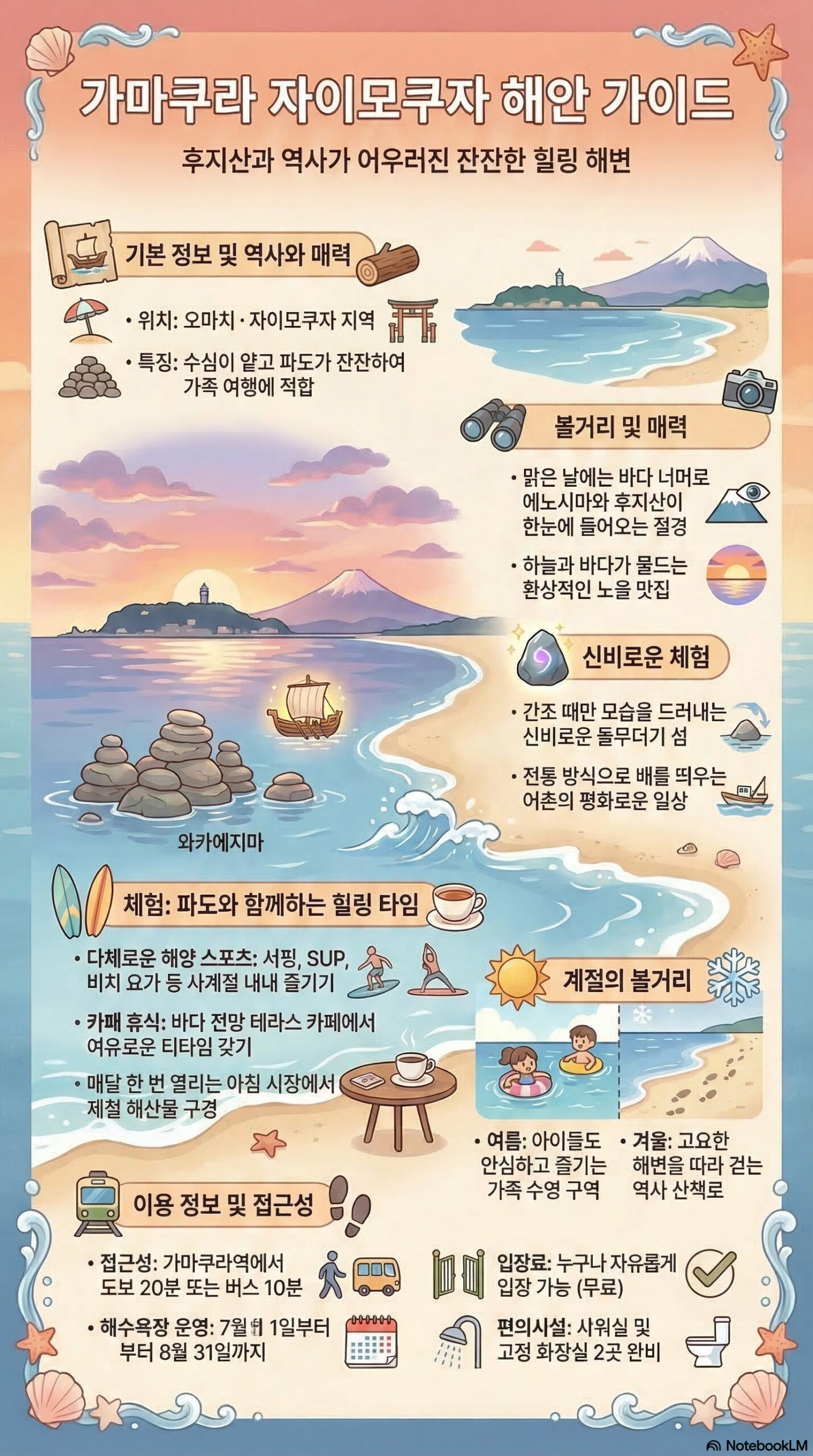 자이모쿠자 해변 관광 정보 인포그래픽