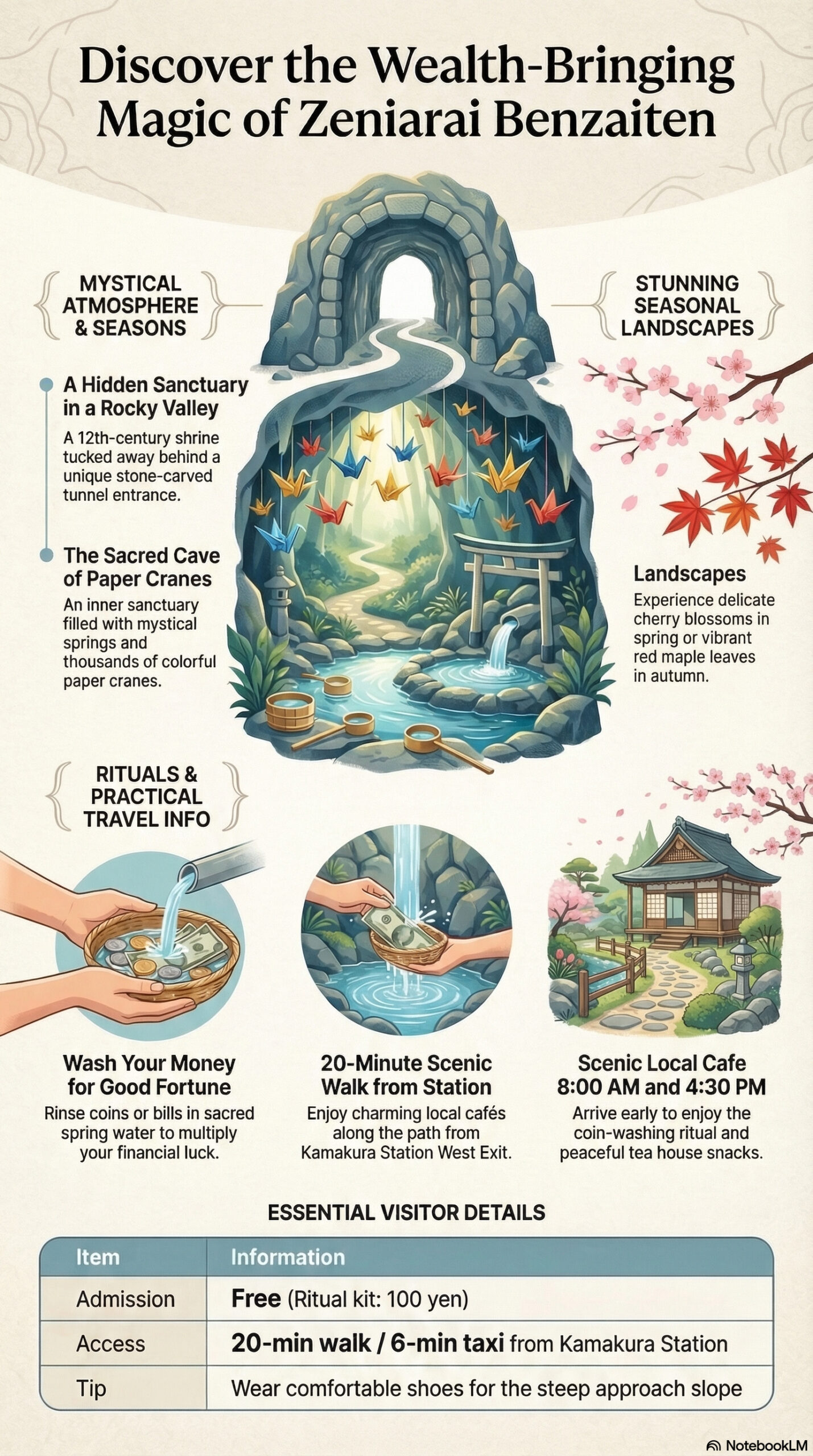 Zeniarai Benzaiten Ugafuku Shrine travel information infographic