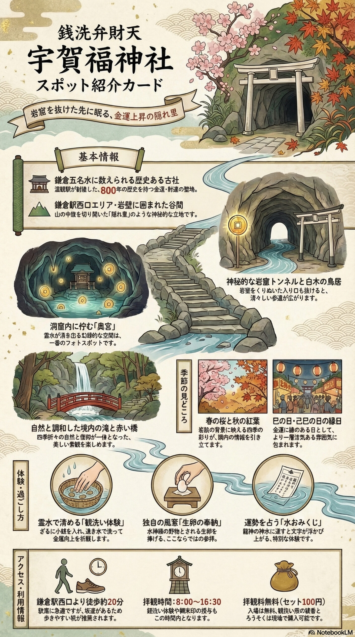 銭洗弁財天宇賀福神社の観光情報インフォグラフィック | 鎌倉観光完全ガイド 銭洗弁財天宇賀福神社の観光情報インフォグラフィック