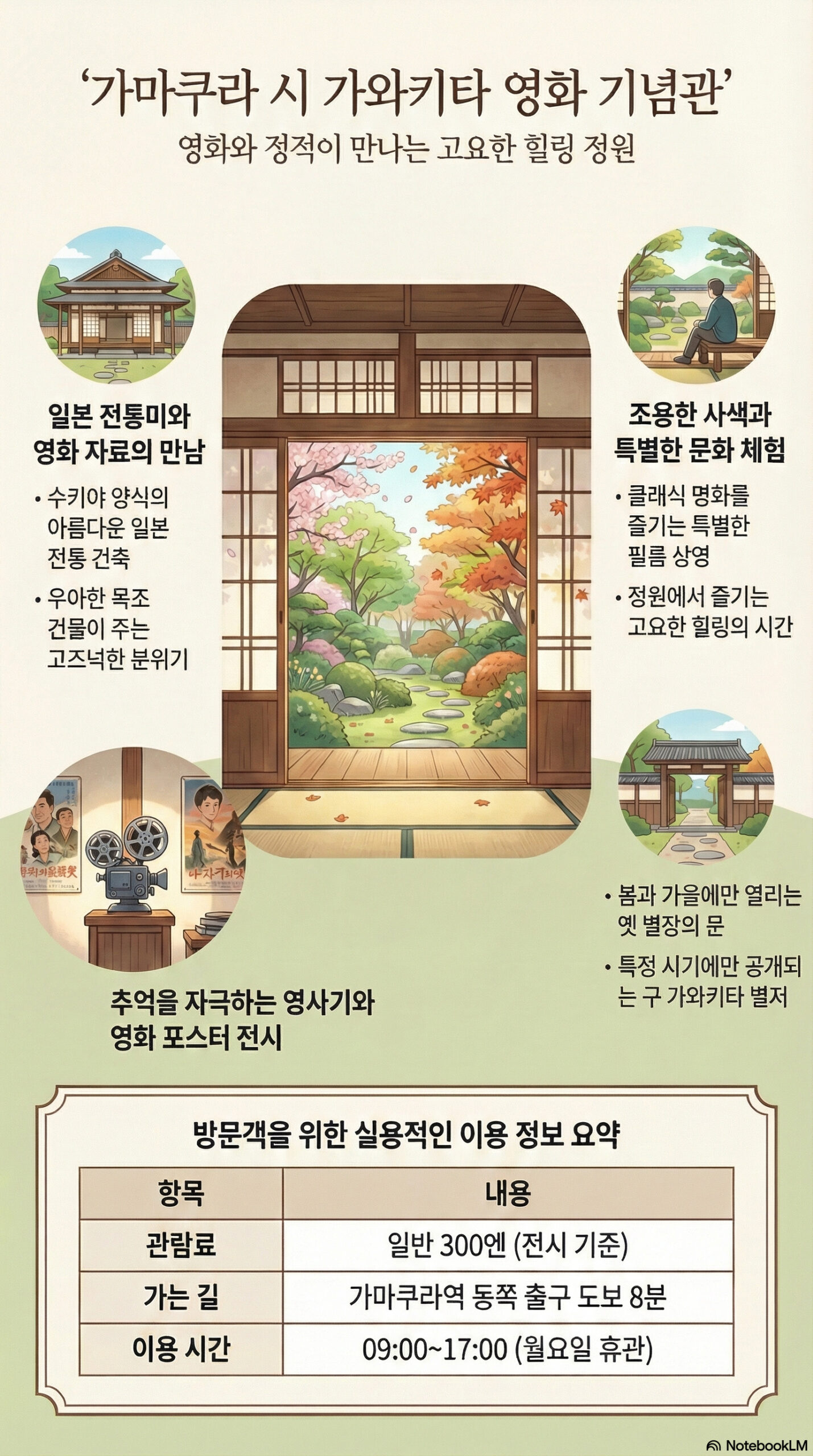 가마쿠라시 가와키타 영화 기념관 관광 정보 인포그래픽 | 가마쿠라 관광 완전 가이드 가마쿠라시 가와키타 영화 기념관 관광 정보 인포그래픽