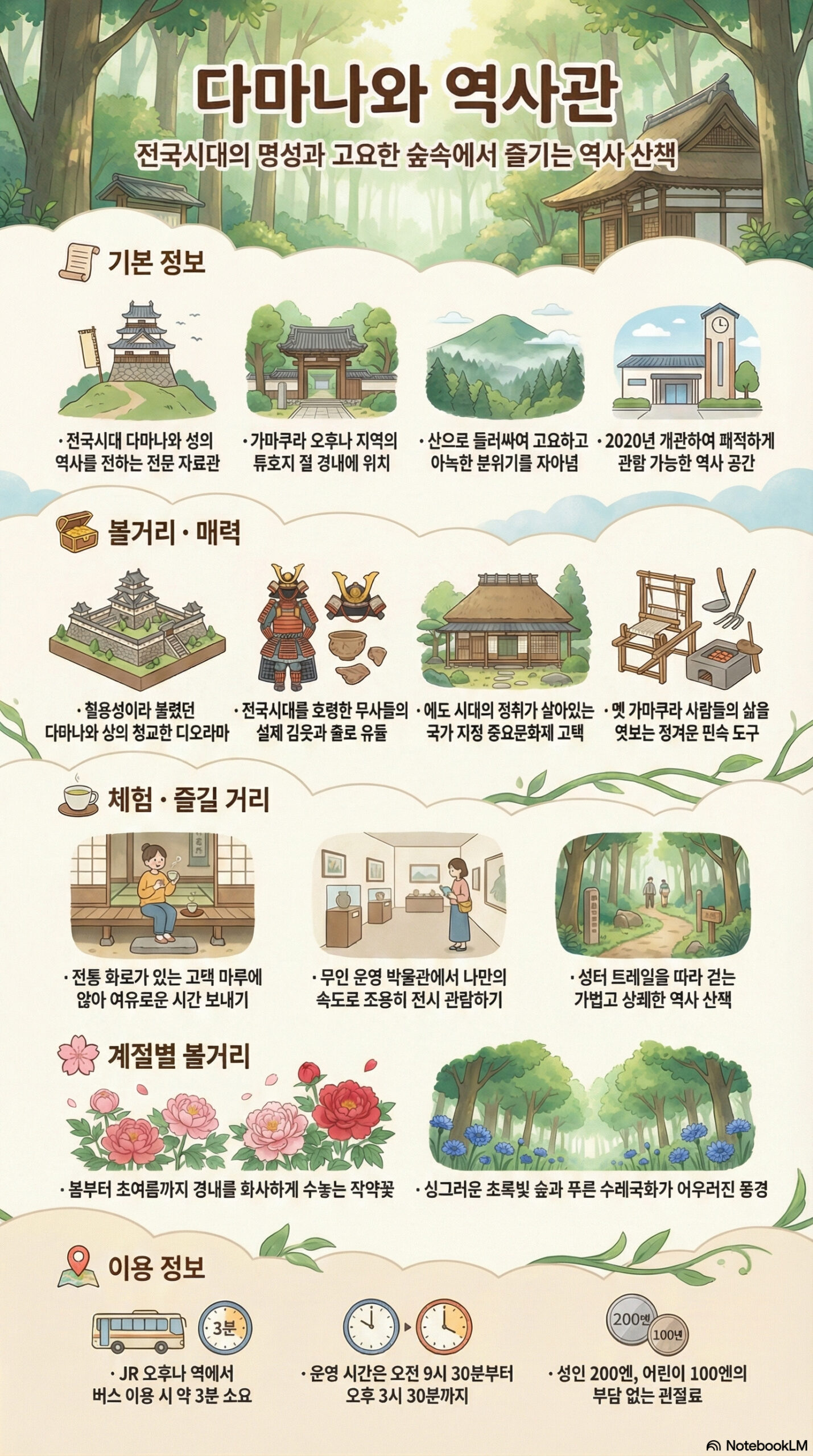 다마나와 역사관 관광 정보 인포그래픽 | 카마쿠라 관광 완전 가이드 다마나와 역사관 관광 정보 인포그래픽