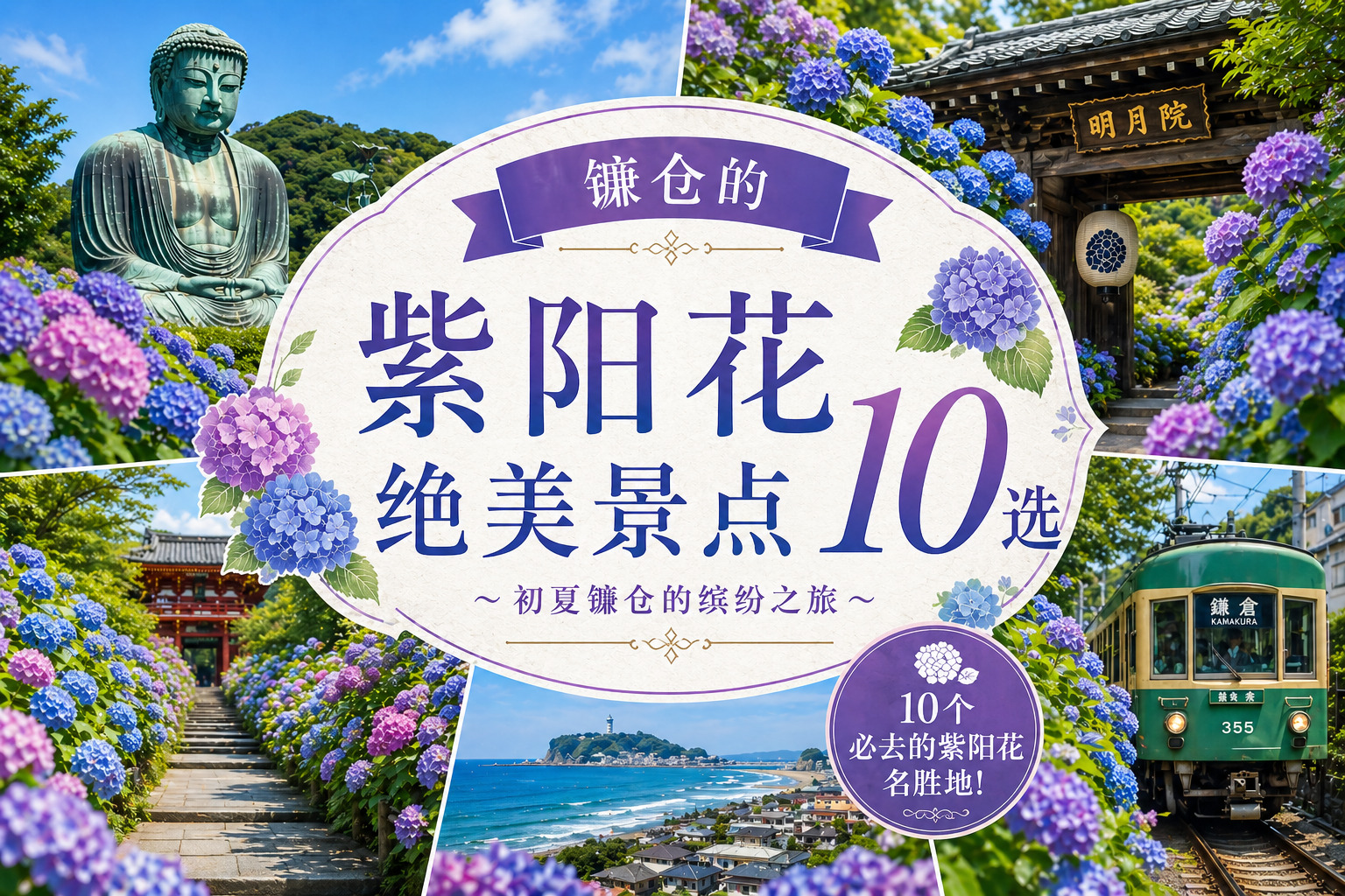 Collage-style poster promoting hydrangea viewing spots, with purple flowers, a statue, temple gate, tram, and coastal scenery in the background.