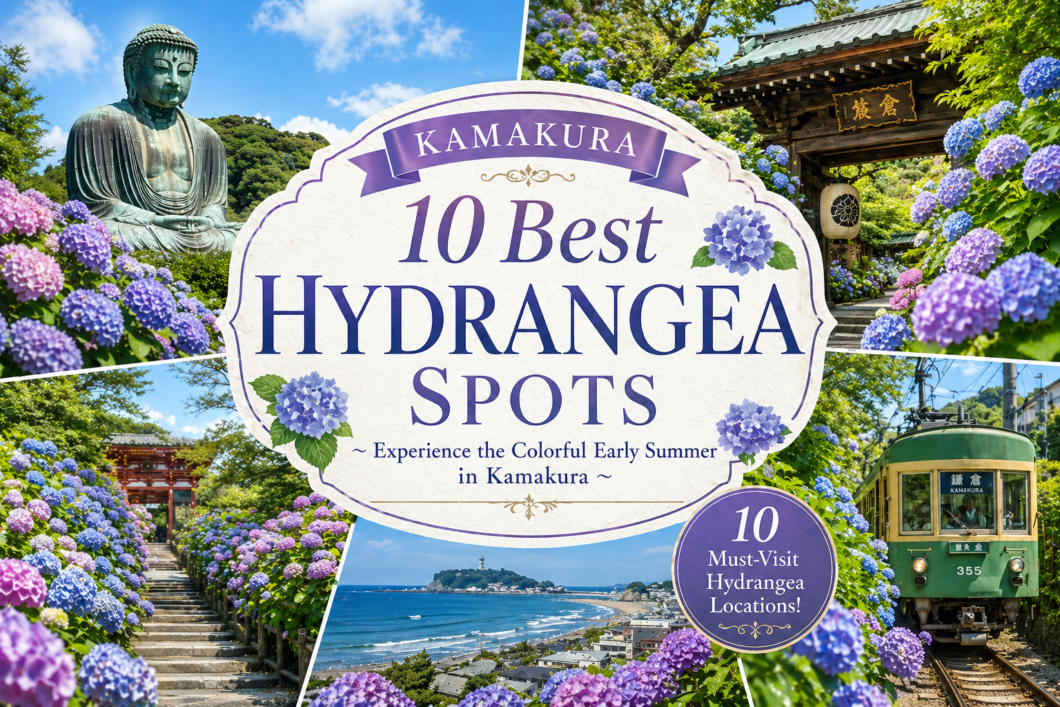 Collage poster advertising Kamakura’s 10 best hydrangea spots, featuring a Buddha statue, blue/purple hydrangeas, a temple gate, a green tram, and coastal scenery.