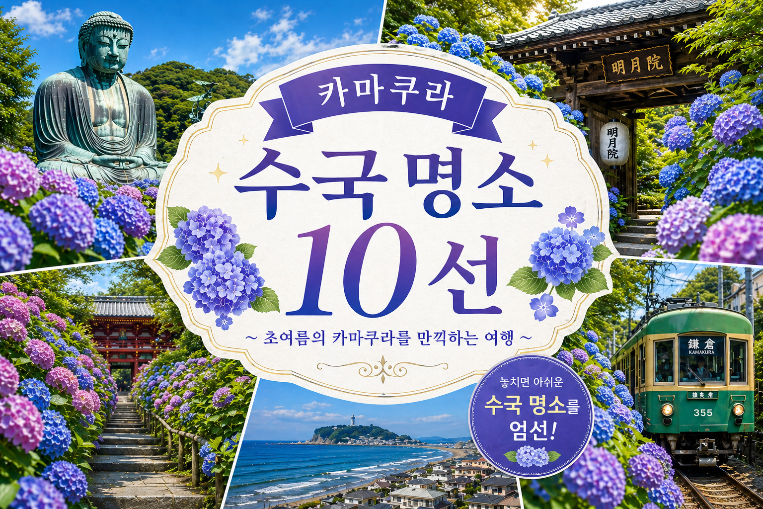 Collage poster highlighting Kamakura's 10 hydrangea spots, featuring a Buddha statue, traditional gate, purple-blue hydrangeas, seaside town, and a green tram.