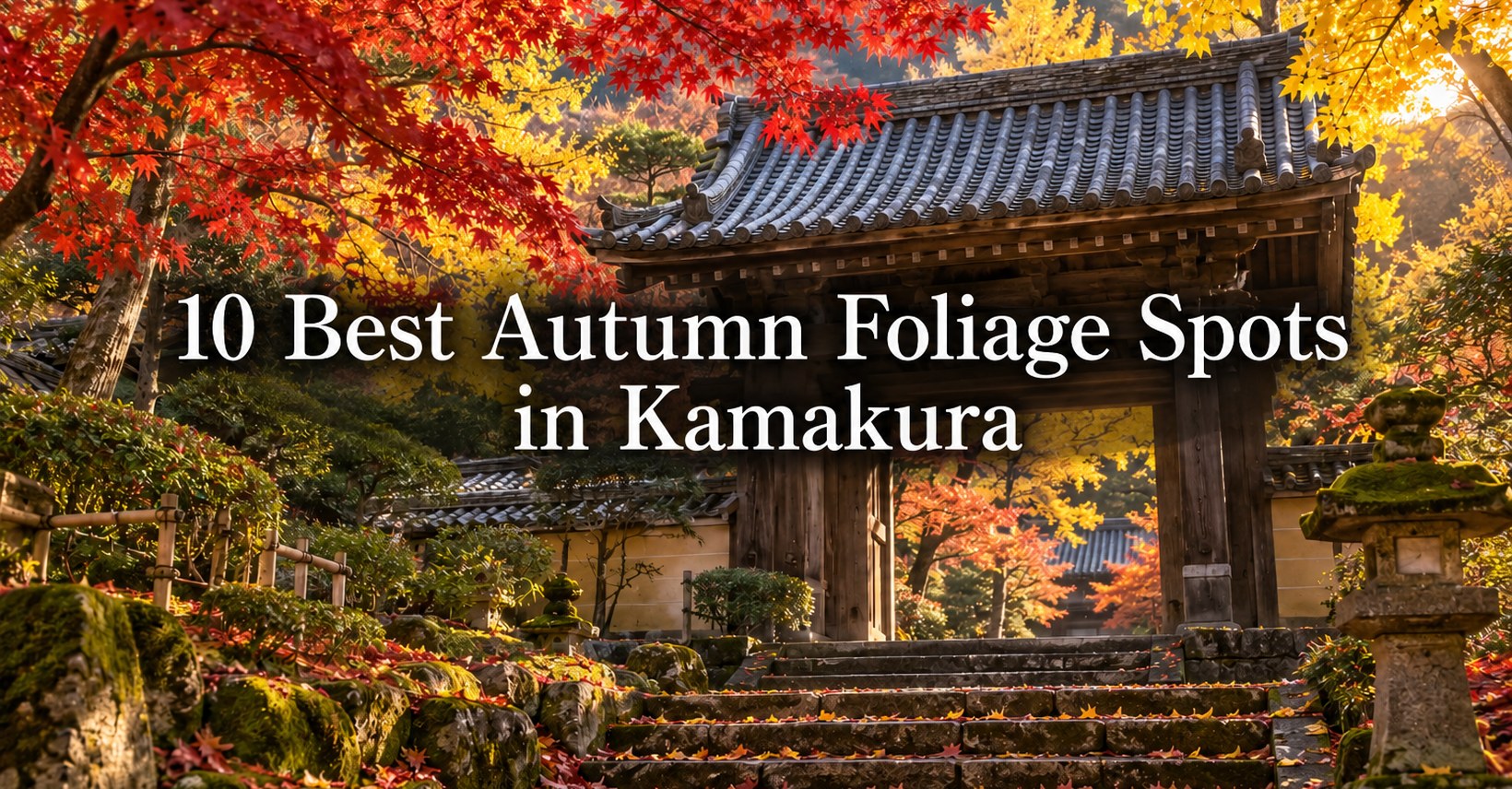 kamakura-autumn-leaves-10-spots-en | Kamakura Guide Banner with a traditional wooden gate framed by red and yellow autumn leaves in Kamakura, displaying the title '10 Best Autumn Foliage Spots in Kamakura'.