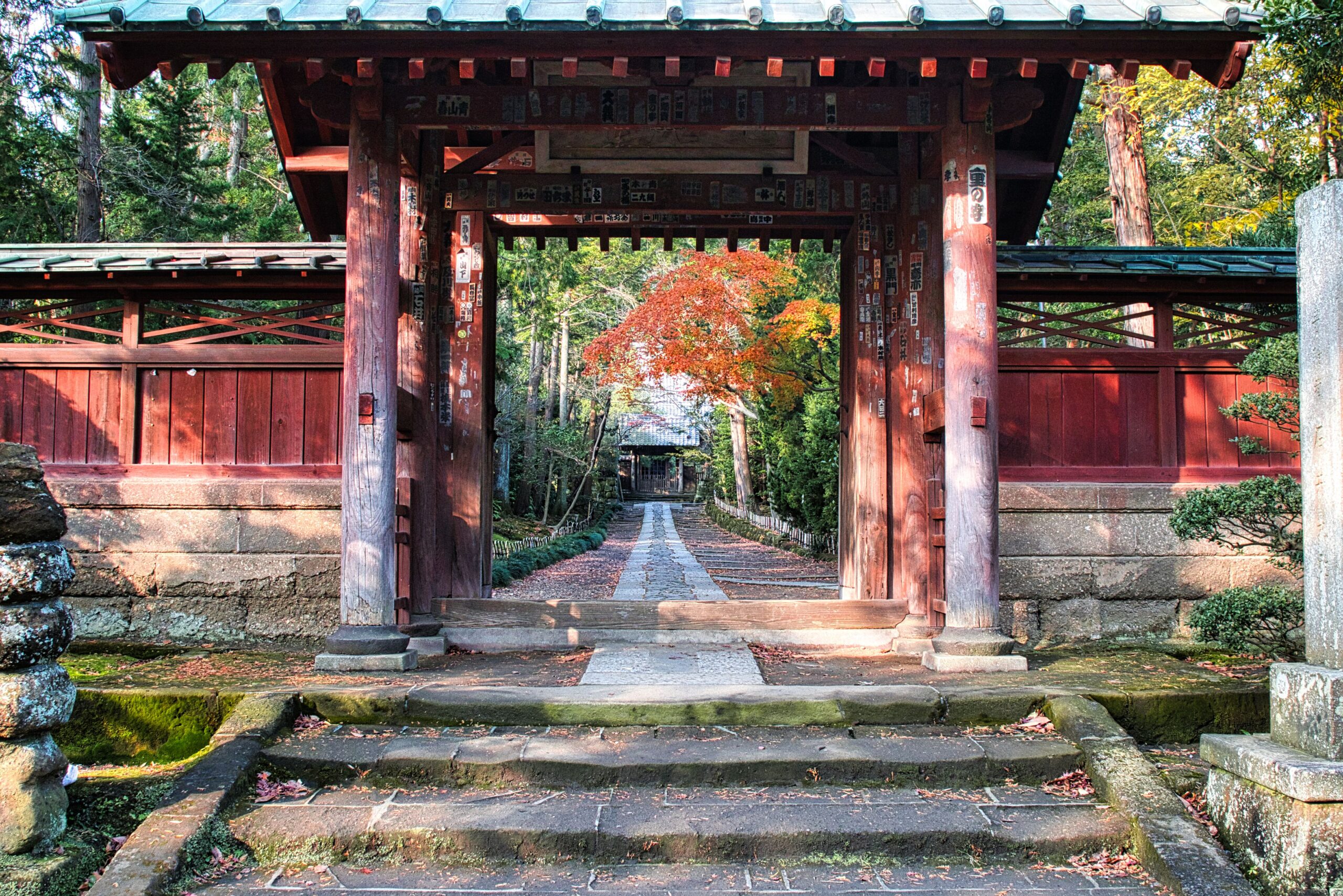 寿福寺の紅葉-山門の先に静寂を包む紅葉の参道