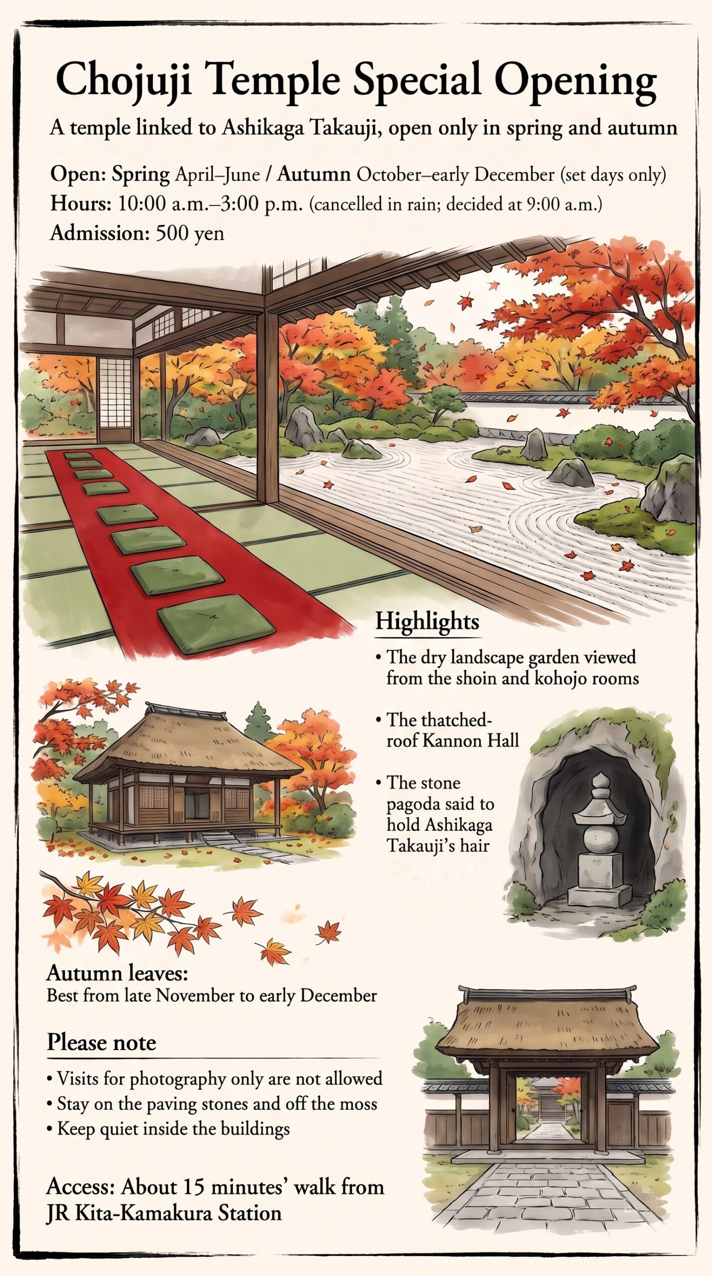 | Kamakura Guide Infographic of the Chojuji Temple Special Opening: open seasons, hours, admission, the dry landscape garden seen from a room with red felt, the thatched Kannon Hall, the gorinto in a hillside cave, autumn leaves, notes and access