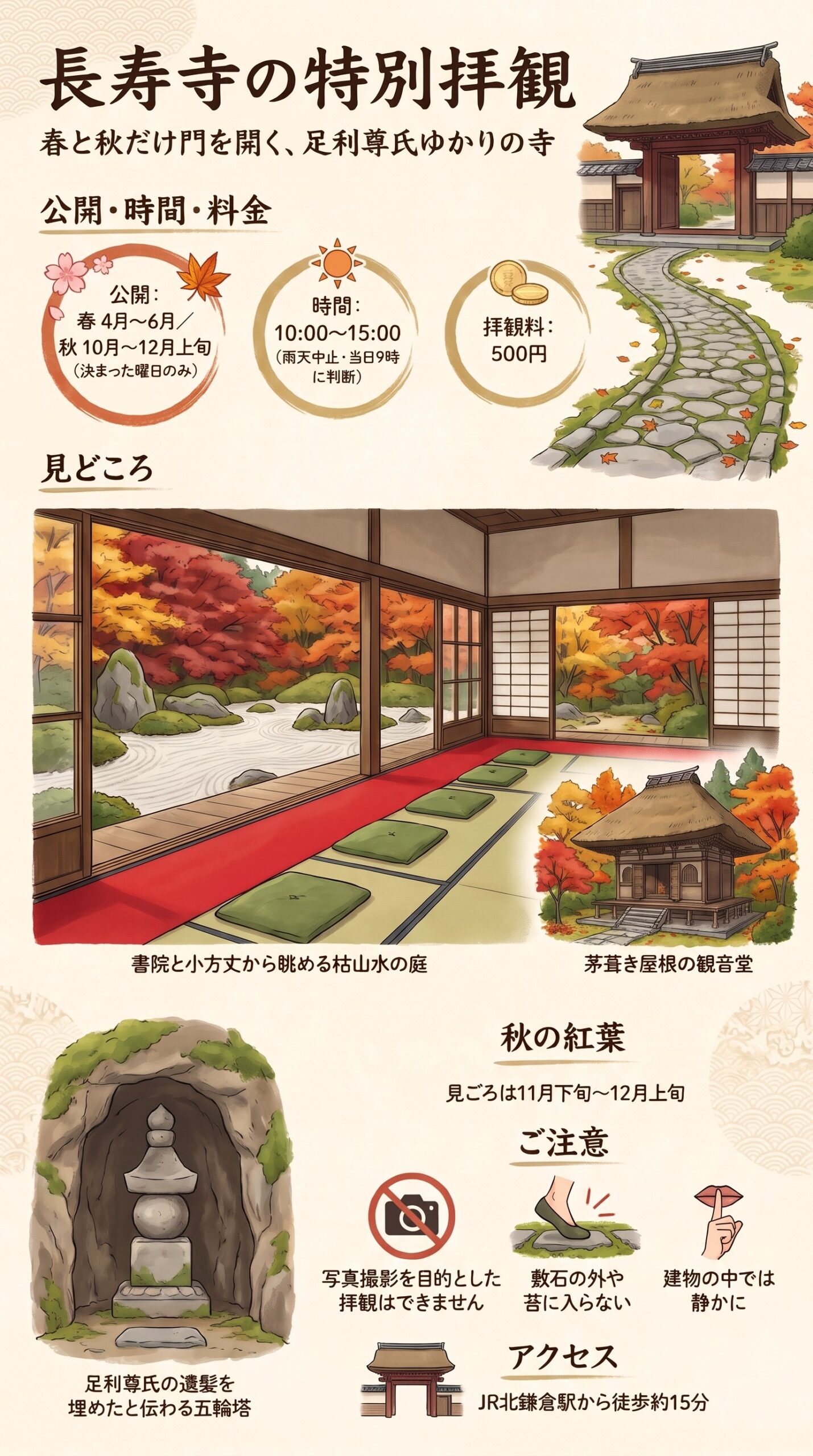 長寿寺の特別拝観のインフォグラフィック。公開・時間・拝観料、赤い毛氈の座敷から眺める枯山水の庭、茅葺き屋根の観音堂、やぐらの五輪塔、紅葉の見ごろ、ご注意、アクセス