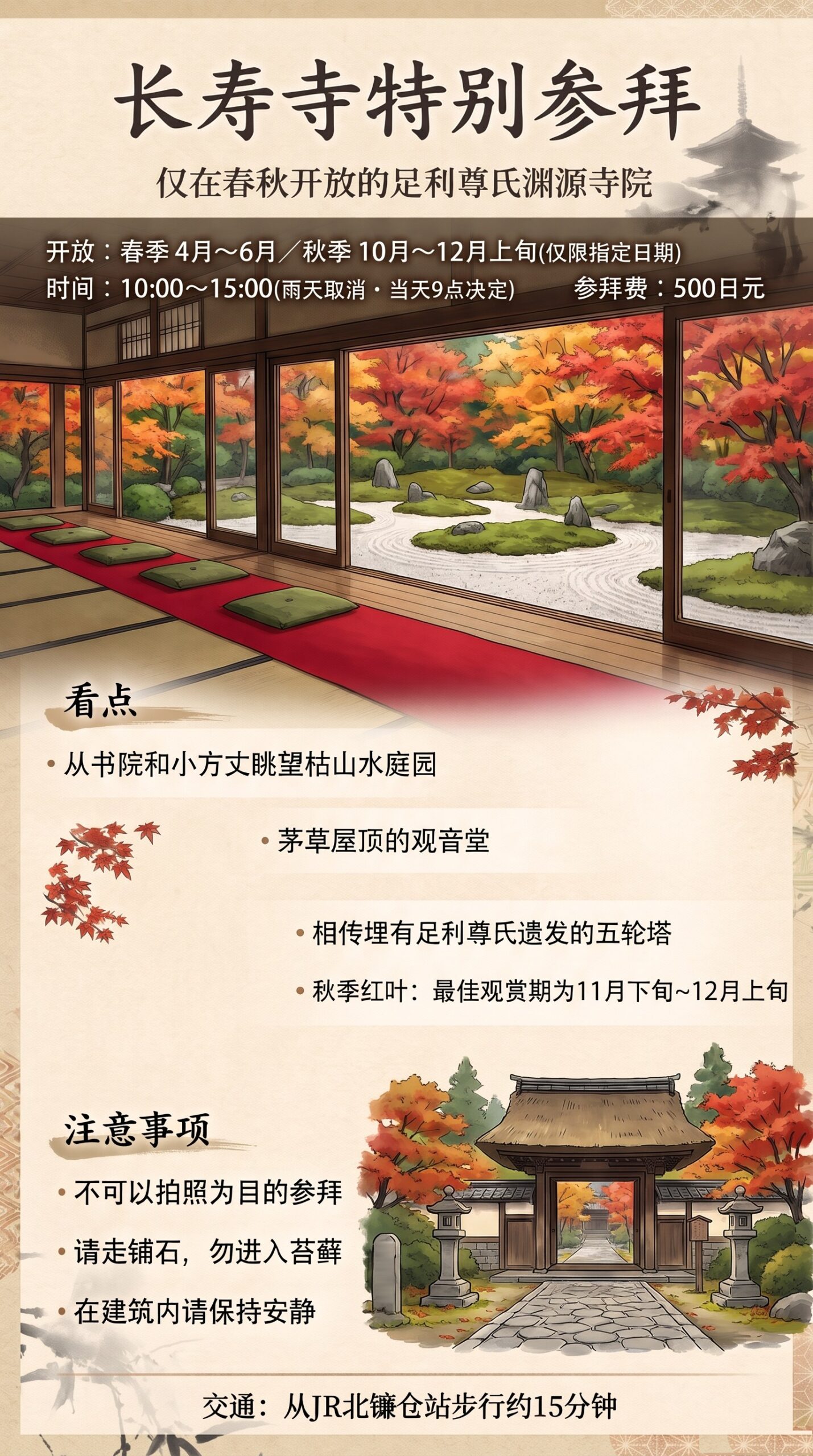 长寿寺特别参拜的信息图。开放时间、参拜费、从铺着红毛毡的房间眺望枯山水庭园、看点、注意事项和交通