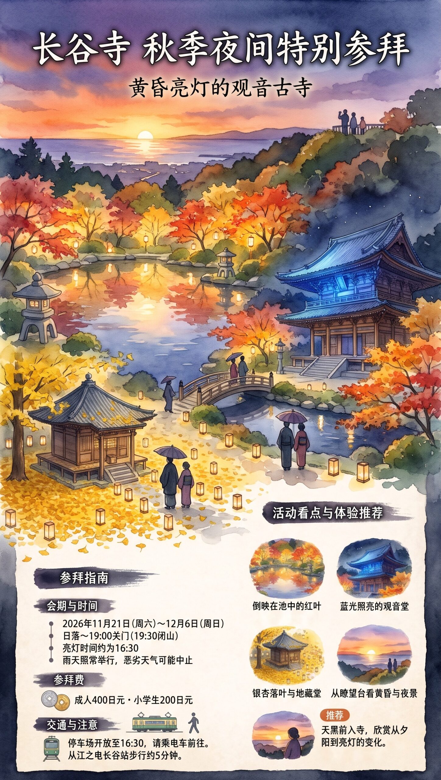 | 镰仓观光完全指南 长谷寺秋季夜间特别参拜信息图:会期与时间、参拜费、看点、交通与注意事项
