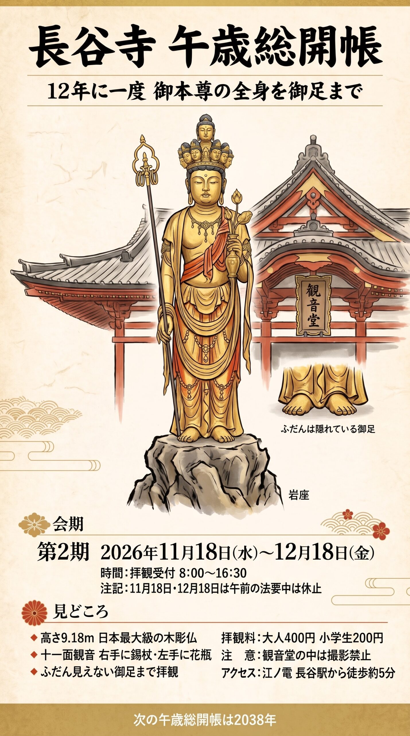 長谷寺 午歳総開帳 インフォグラフィック(日本語) | 鎌倉観光完全ガイド 長谷寺の午歳総開帳のインフォグラフィック。御足まで描いた十一面観音の全身、第2期の会期と拝観時間、見どころ、拝観料、注意、アクセス