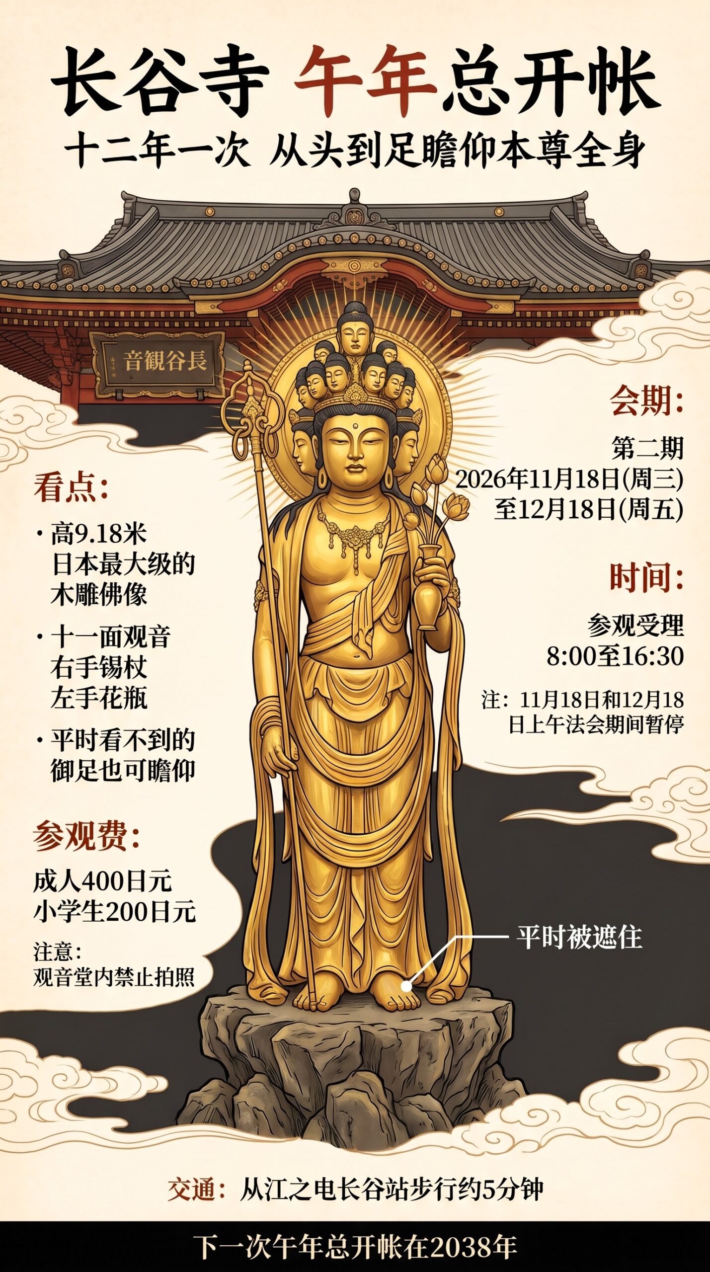 长谷寺午年总开帐信息图：从头到足描绘的十一面观音全身、第二期会期与时间、看点、参观费、注意事项、交通