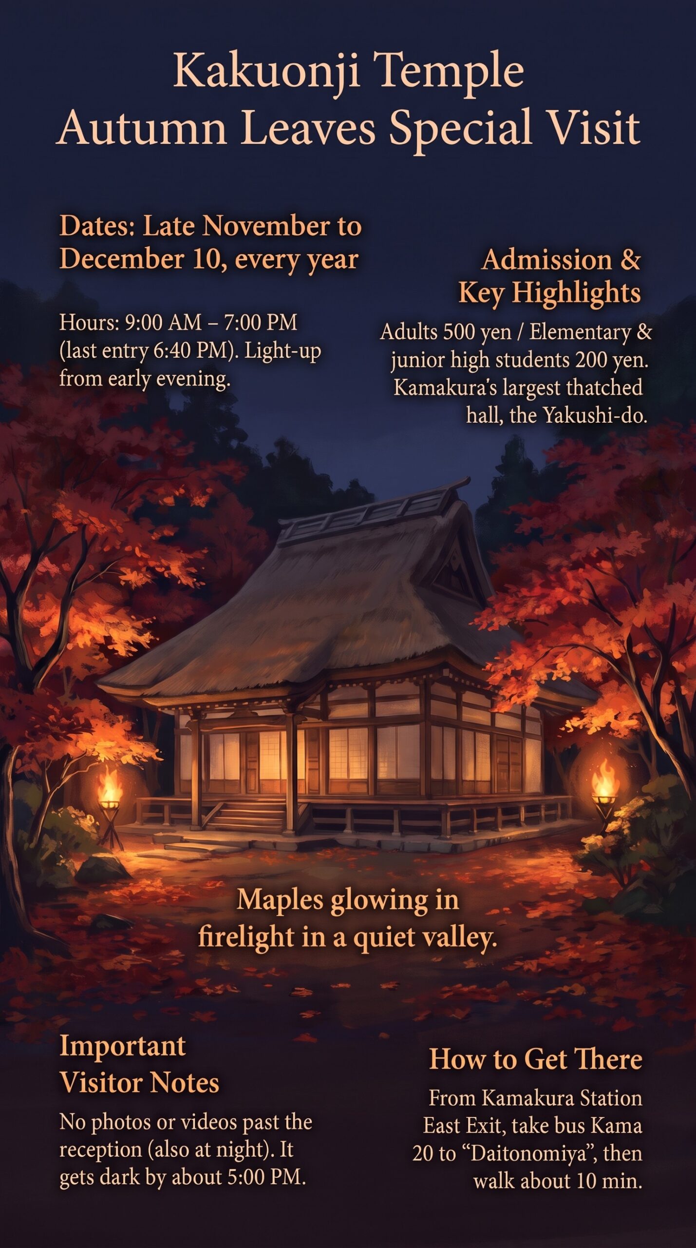 Infographic of the Autumn Leaves Special Visit at Kakuonji Temple: maples at night and the thatched Yakushi-do hall, with dates, hours, admission, highlights, photography rules and access