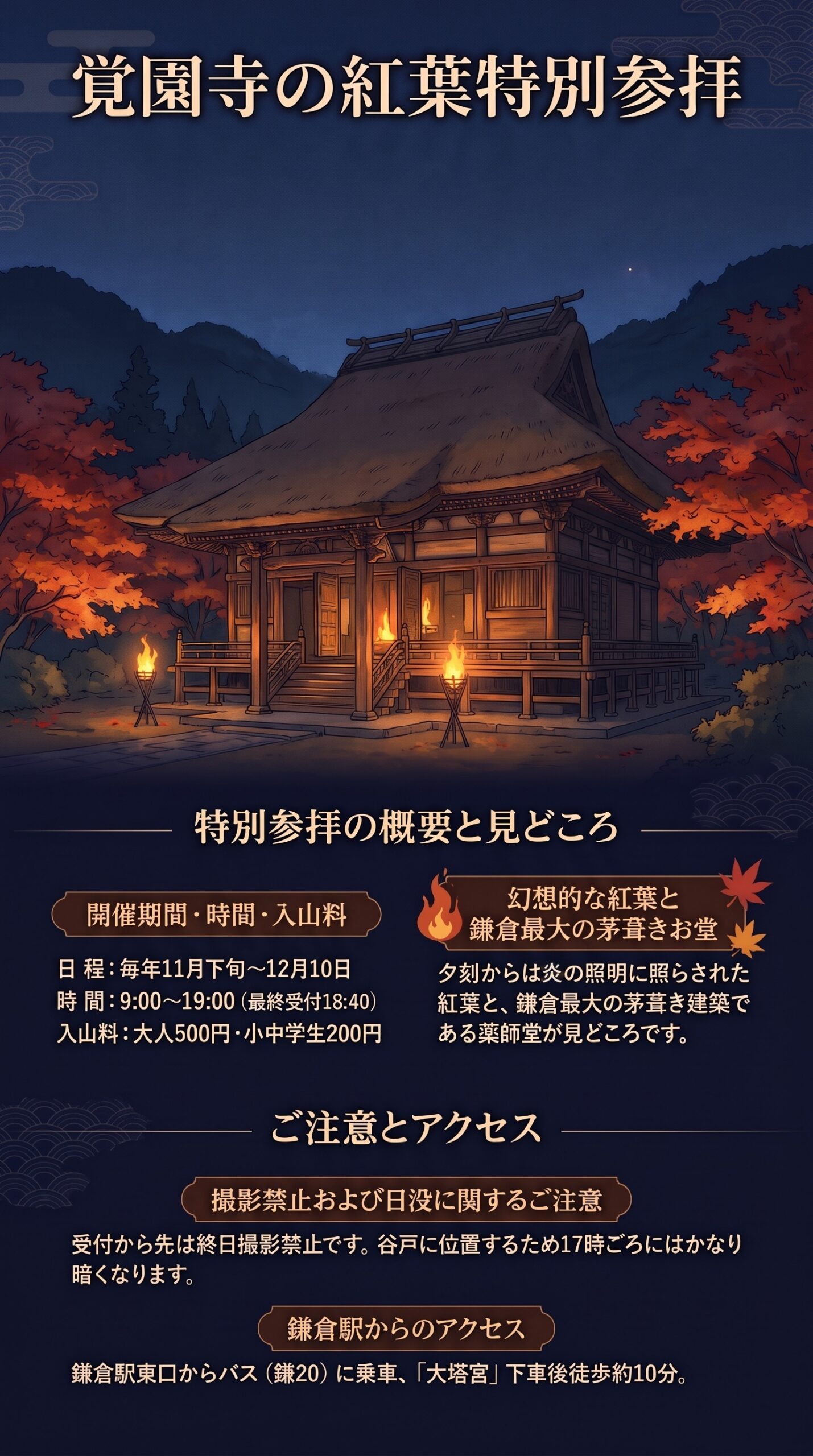 覚園寺の紅葉特別参拝のインフォグラフィック。夜の紅葉と茅葺きの薬師堂、日程・時間・入山料・見どころ・撮影の注意・アクセス