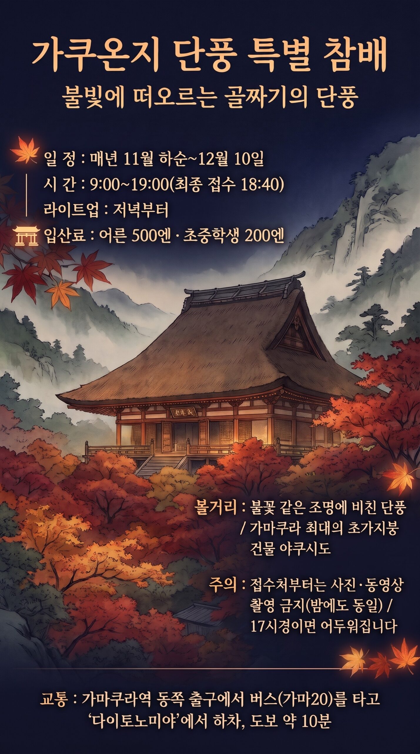 | 가마쿠라 관광 완전 가이드 가쿠온지 단풍 특별 참배 인포그래픽. 밤의 단풍과 초가지붕의 야쿠시도, 일정・시간・입산료・볼거리・촬영 주의・교통