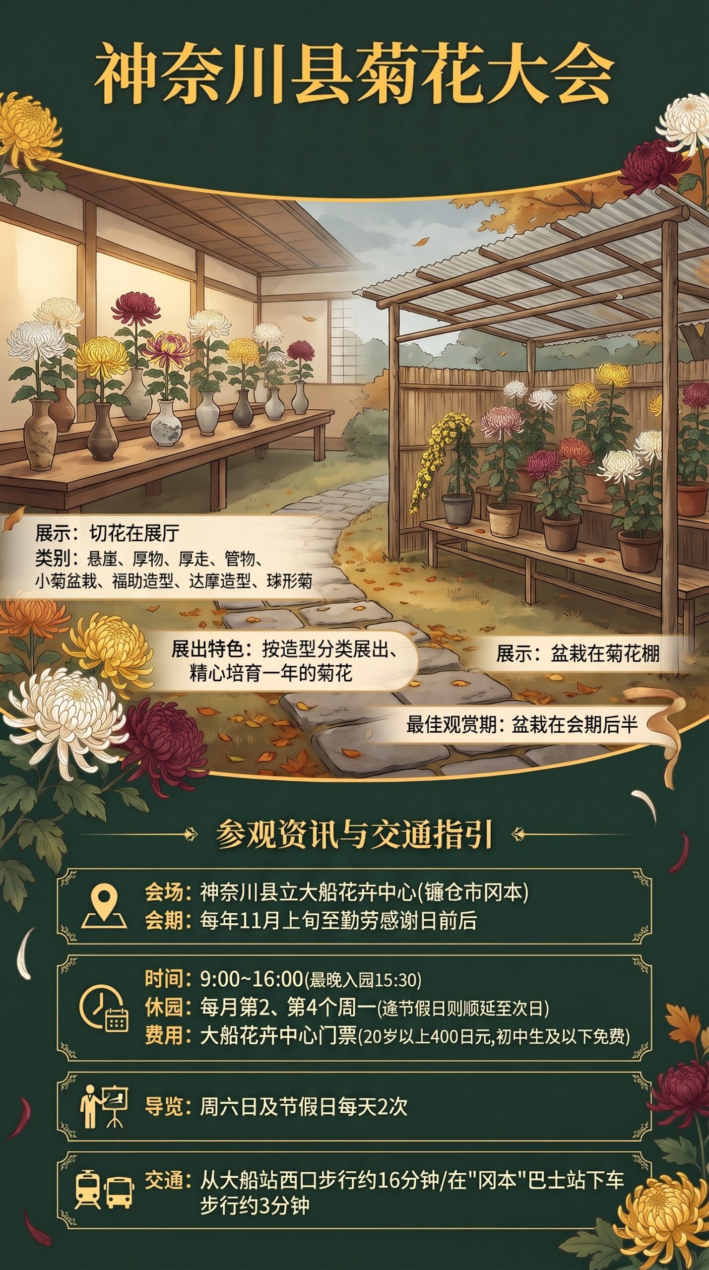 | 镰仓观光完全指南 神奈川县菊花大会信息图:菊花棚中的盆栽与展厅里的切花,会场、会期、时间、休园、费用、展示、类别、交通