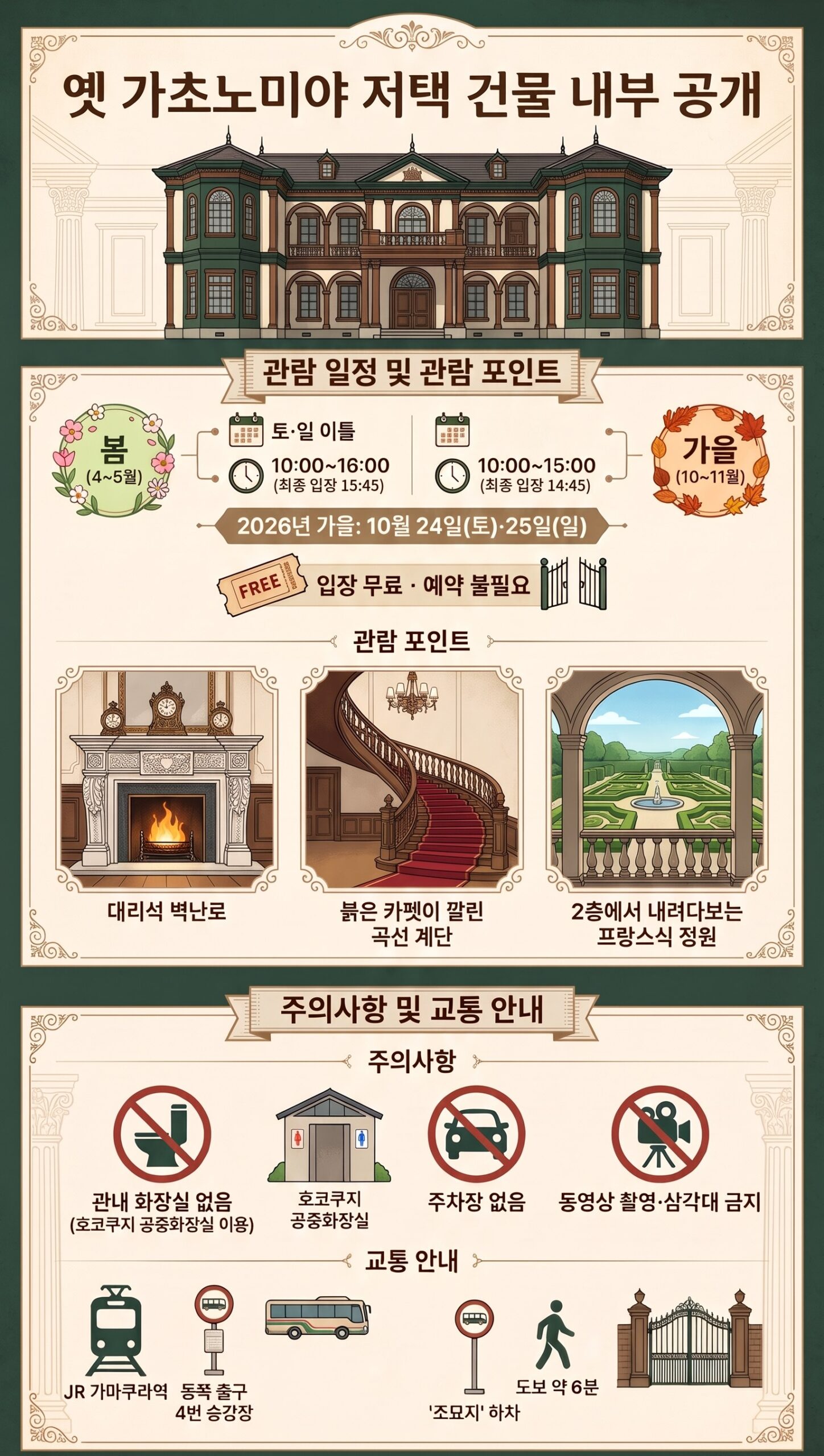 옛 가초노미야 저택 건물 내부 공개 인포그래픽: 일정과 시간, 입장 무료, 볼거리 3가지, 주의 사항, 교통