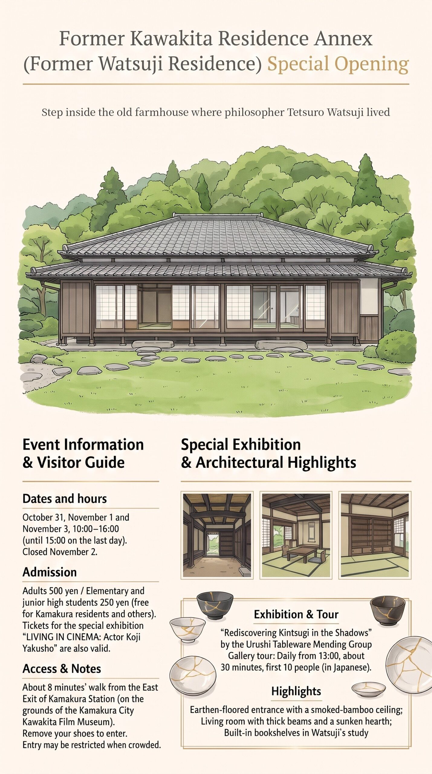 | Kamakura Guide Infographic of the Former Watsuji Residence special opening: the tiled-roof farmhouse and garden, the doma, living room and study, dates, admission, exhibition, highlights and access