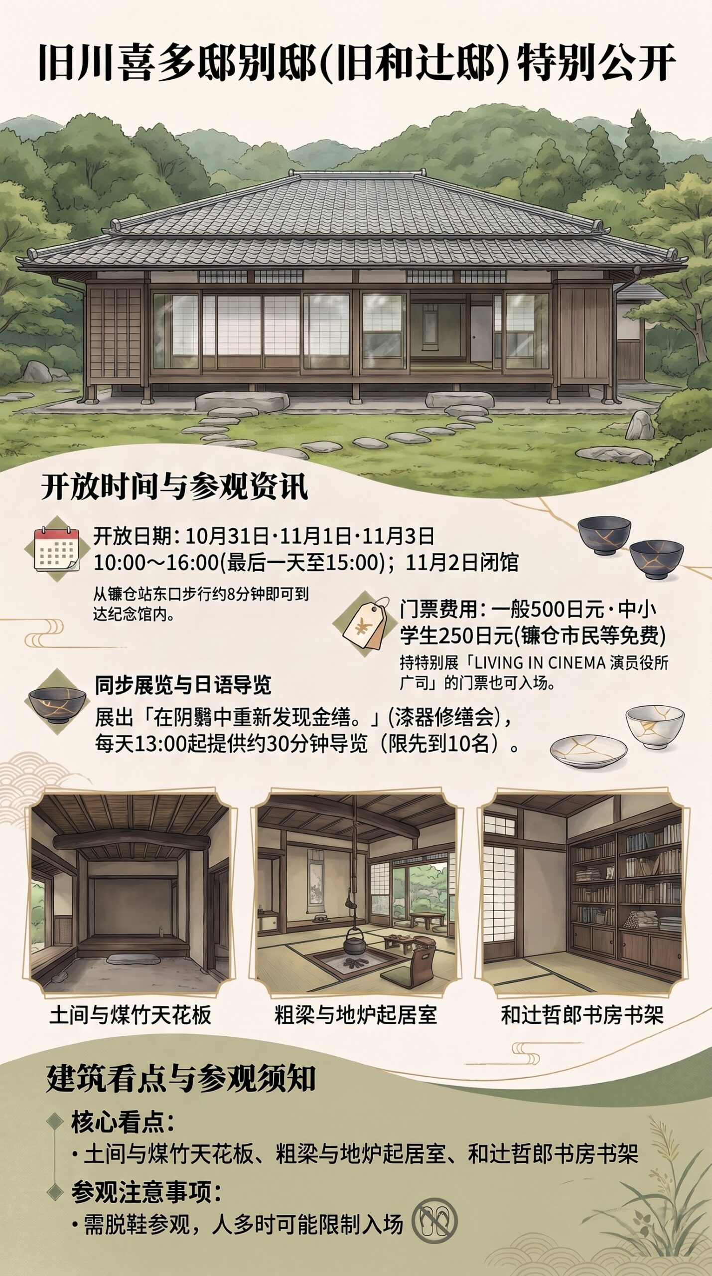 旧川喜多邸别邸(旧和辻邸)特别公开信息图：瓦顶古民居与庭院，土间、带地炉的起居室和书房，日期、费用、展览、看点和注意事项