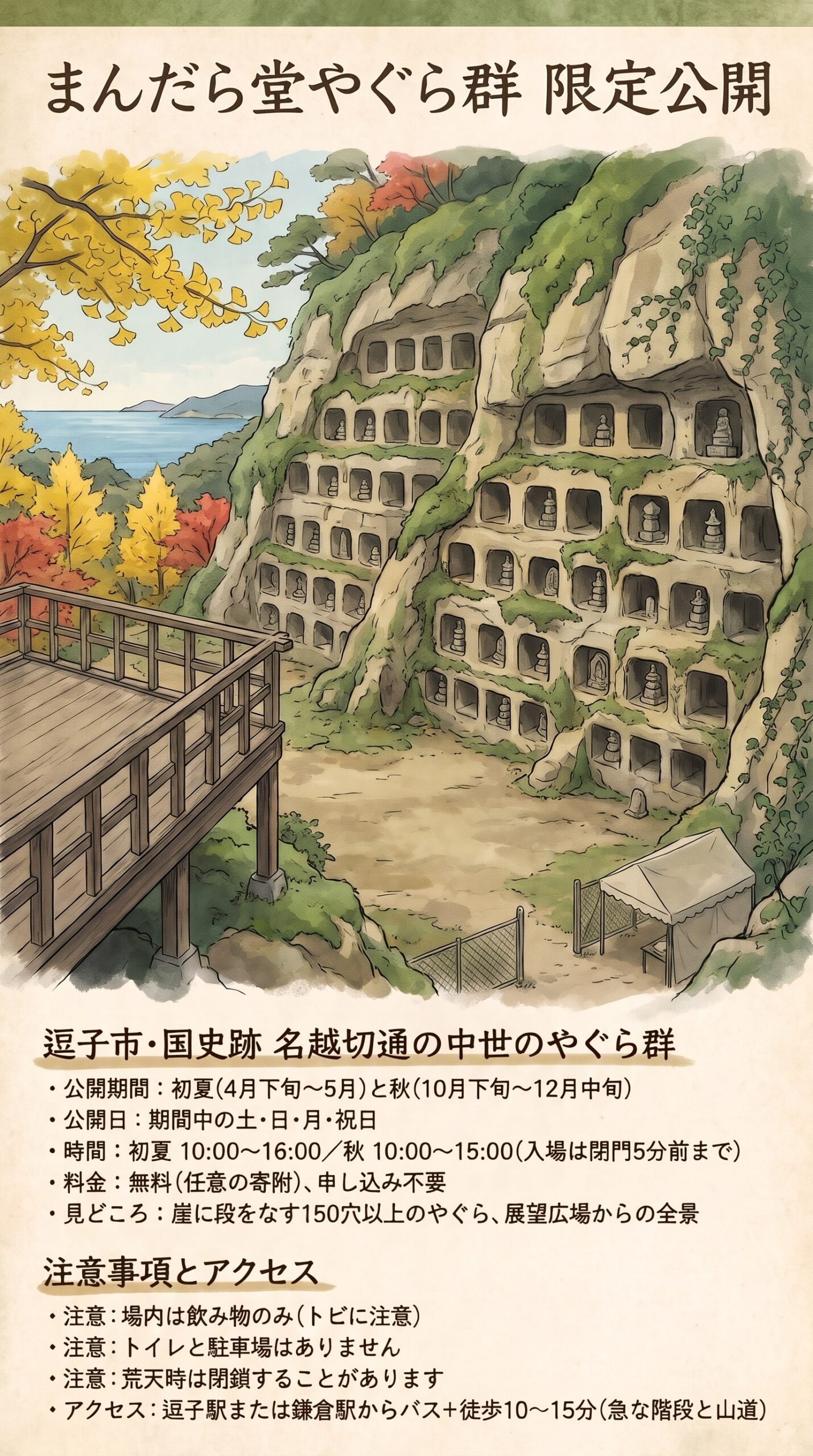 まんだら堂やぐら群の限定公開のインフォグラフィック。崖に段をなすやぐら群と展望広場、公開期間・時間・料金・注意・アクセス