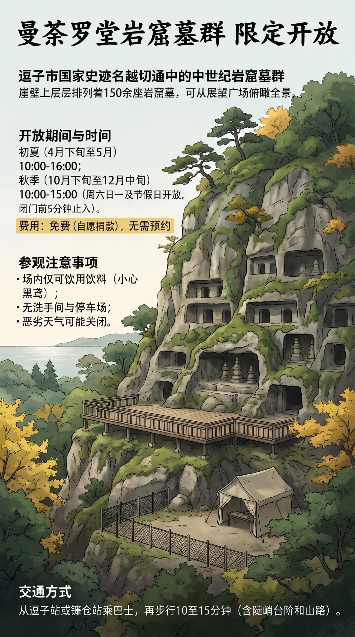 曼荼罗堂岩窟墓群限定开放信息图：崖壁上层层排列的岩窟墓、展望广场、开放期间、时间、费用、注意事项与交通