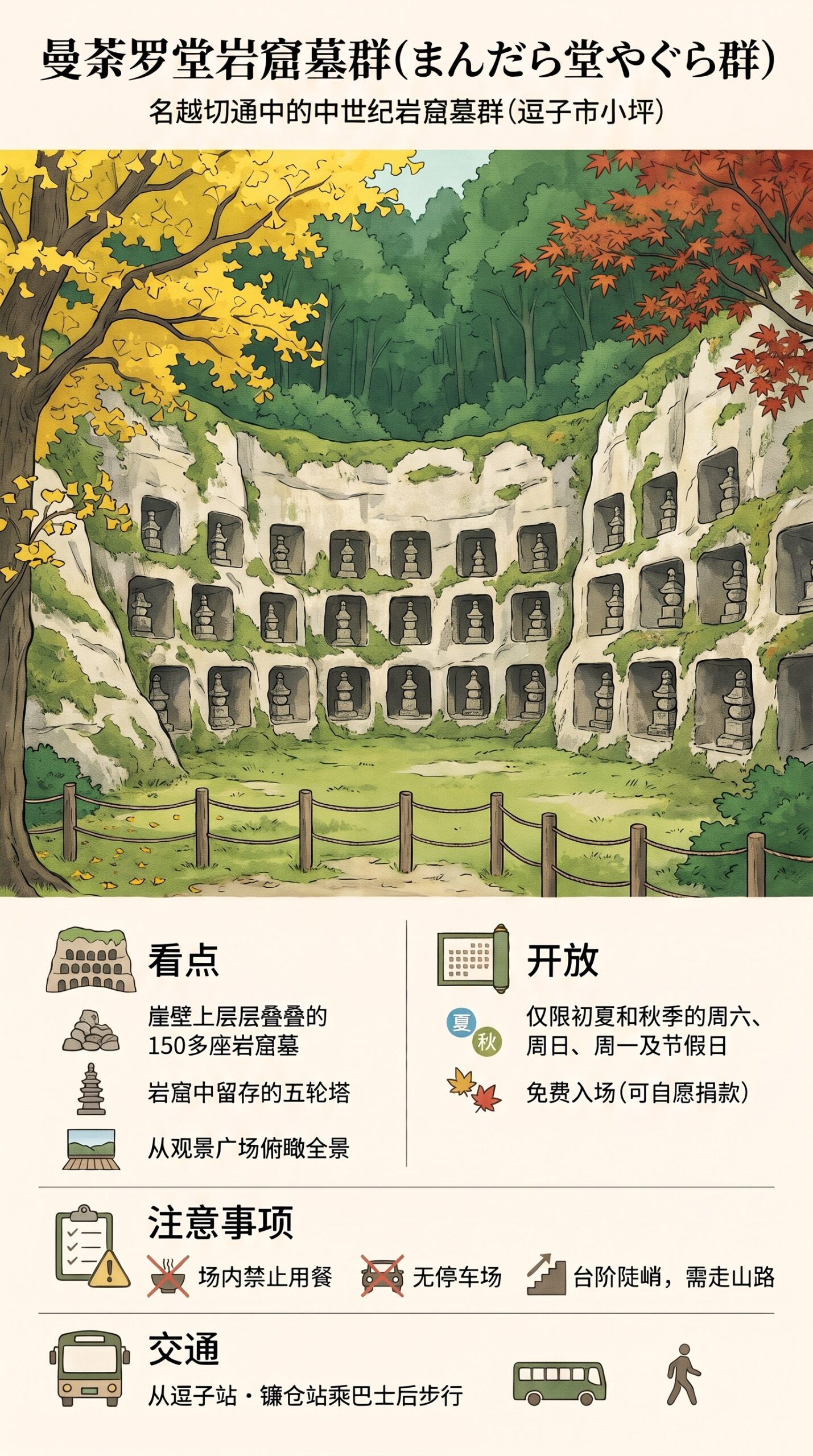 まんだら堂やぐら群 中国語ページ27215のインフォグラフィック誤字2字茶→荼帩→峭を手修正 | 镰仓观光完全指南 曼荼罗堂岩窟墓群旅游信息图