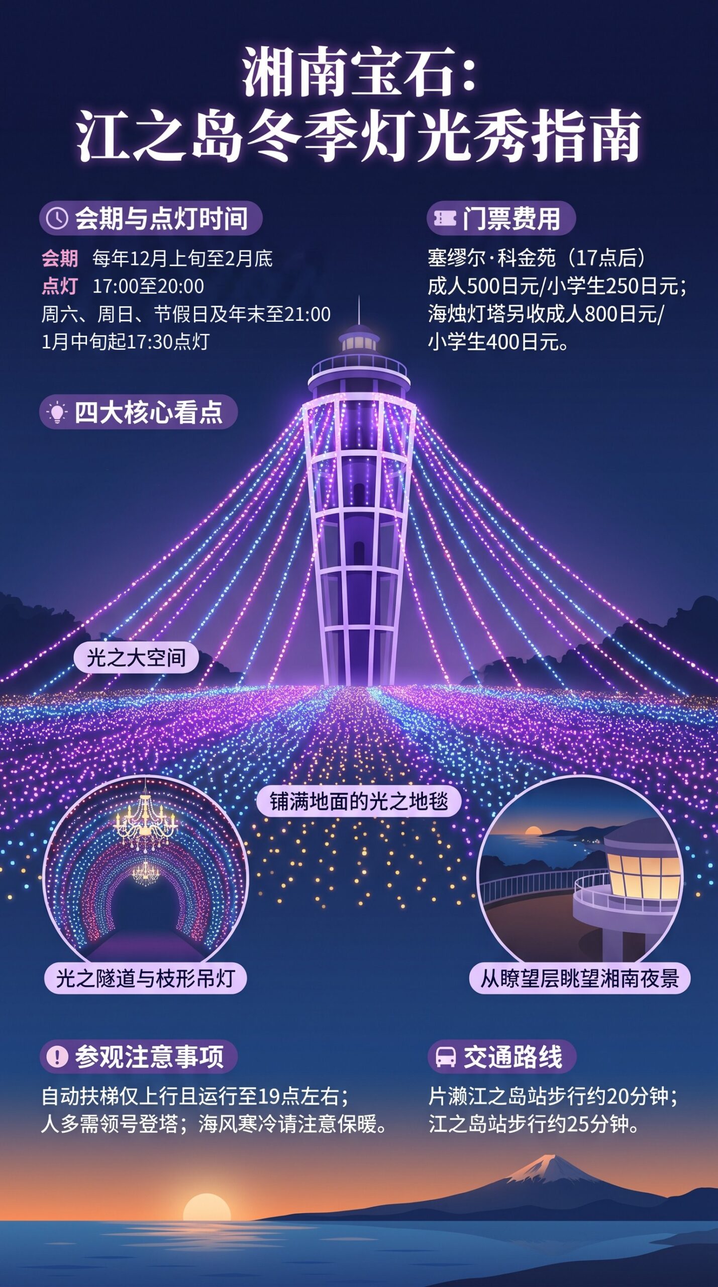 | 镰仓观光完全指南 湘南宝石信息图:被光之天幕环绕的江之岛展望灯台、铺满地面的灯光、光之隧道与枝形吊灯,以及会期、点灯时间、费用、看点、注意事项与交通