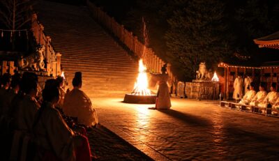 鶴岡八幡宮の御鎮座記念祭で、大石段の下のかがり火の前、榊を手に人長の舞を舞う神職